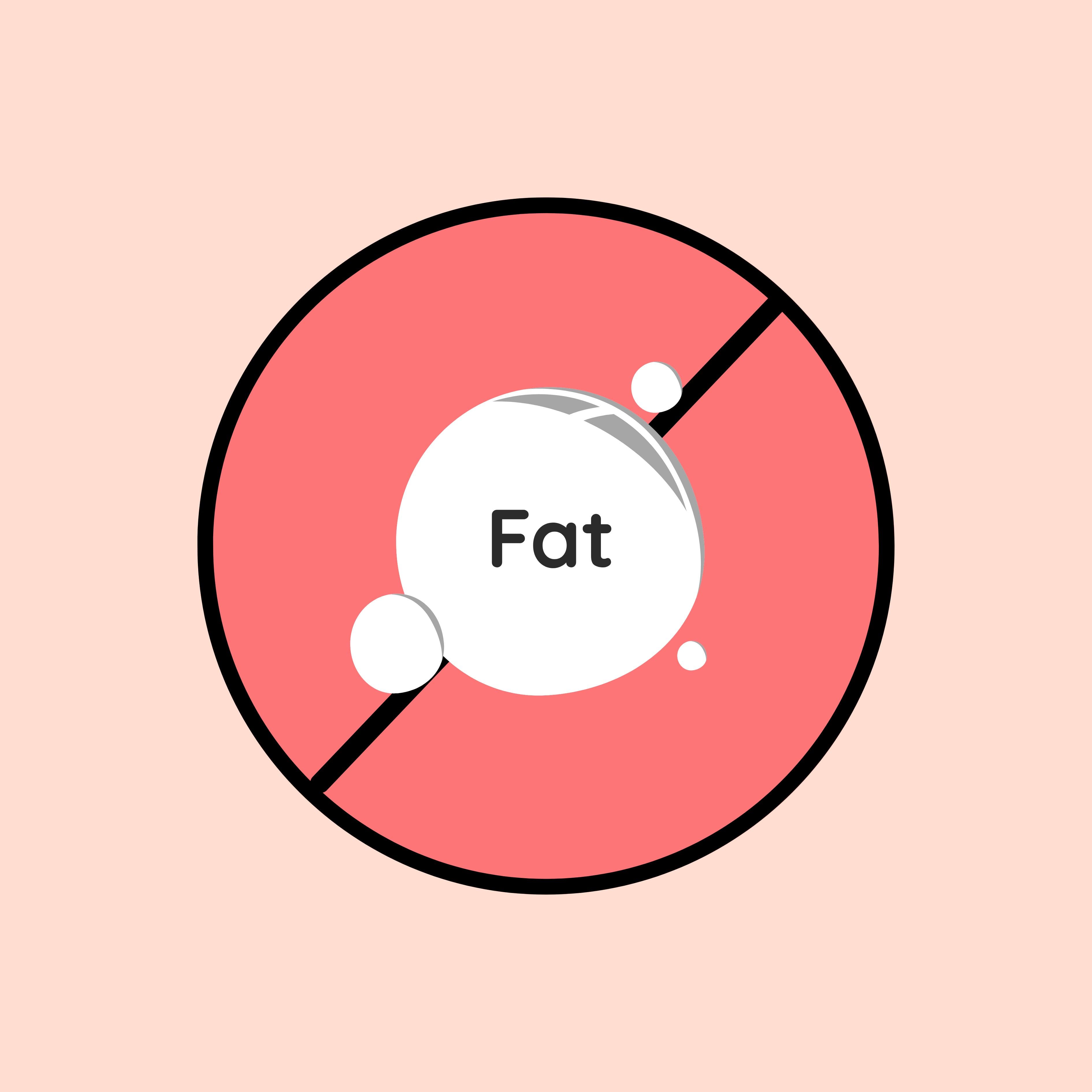 fat-free icon with bubble and fat text crossed out for bakers secret page.