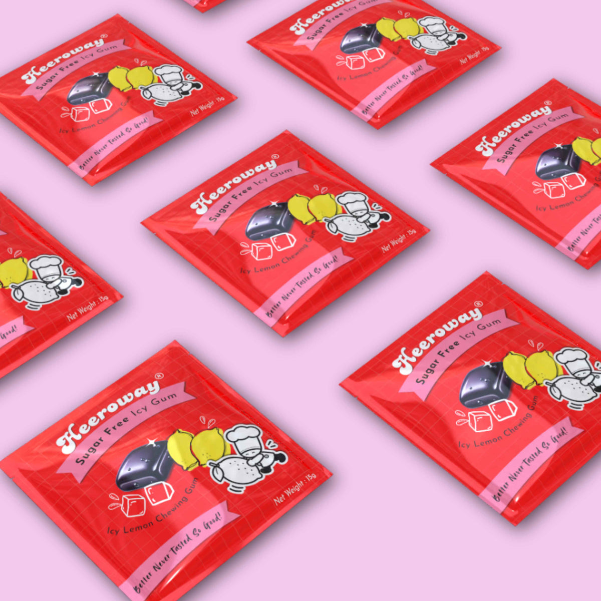 multiple Heeroway lemon icy gum flatlay on light purple background placed diagonally 