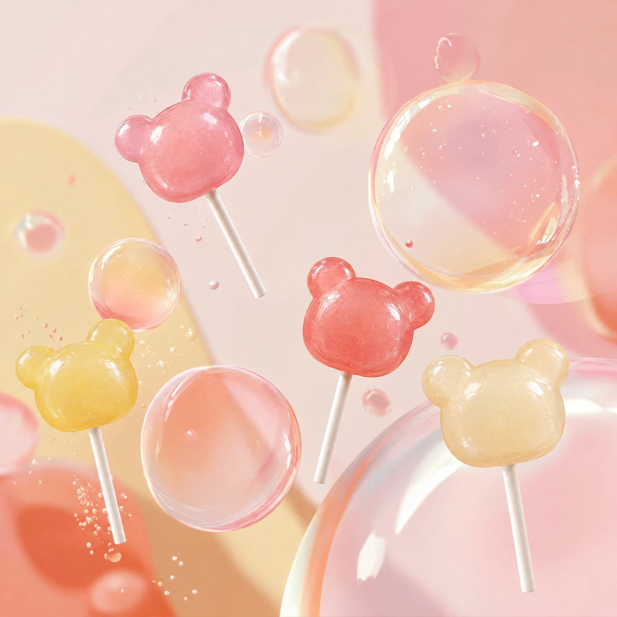 Four teddy bear-shaped lollipops in pink, coral, pale yellow , darker yellow floating among translucent bubbles on a soft pastel peach background.