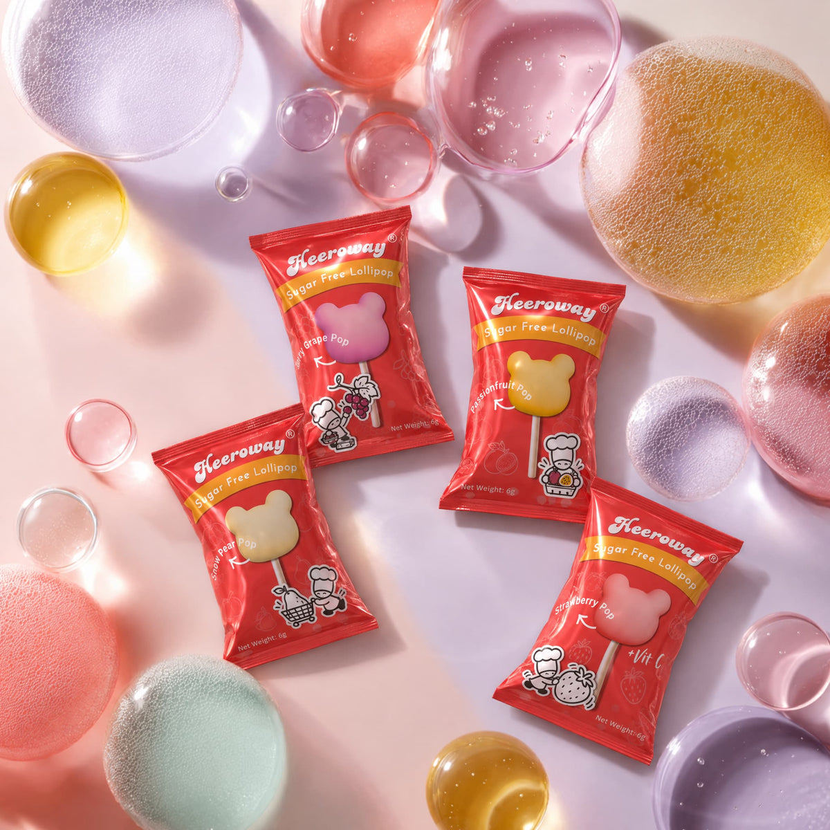heeroway sugar free lollipops in colorful background
