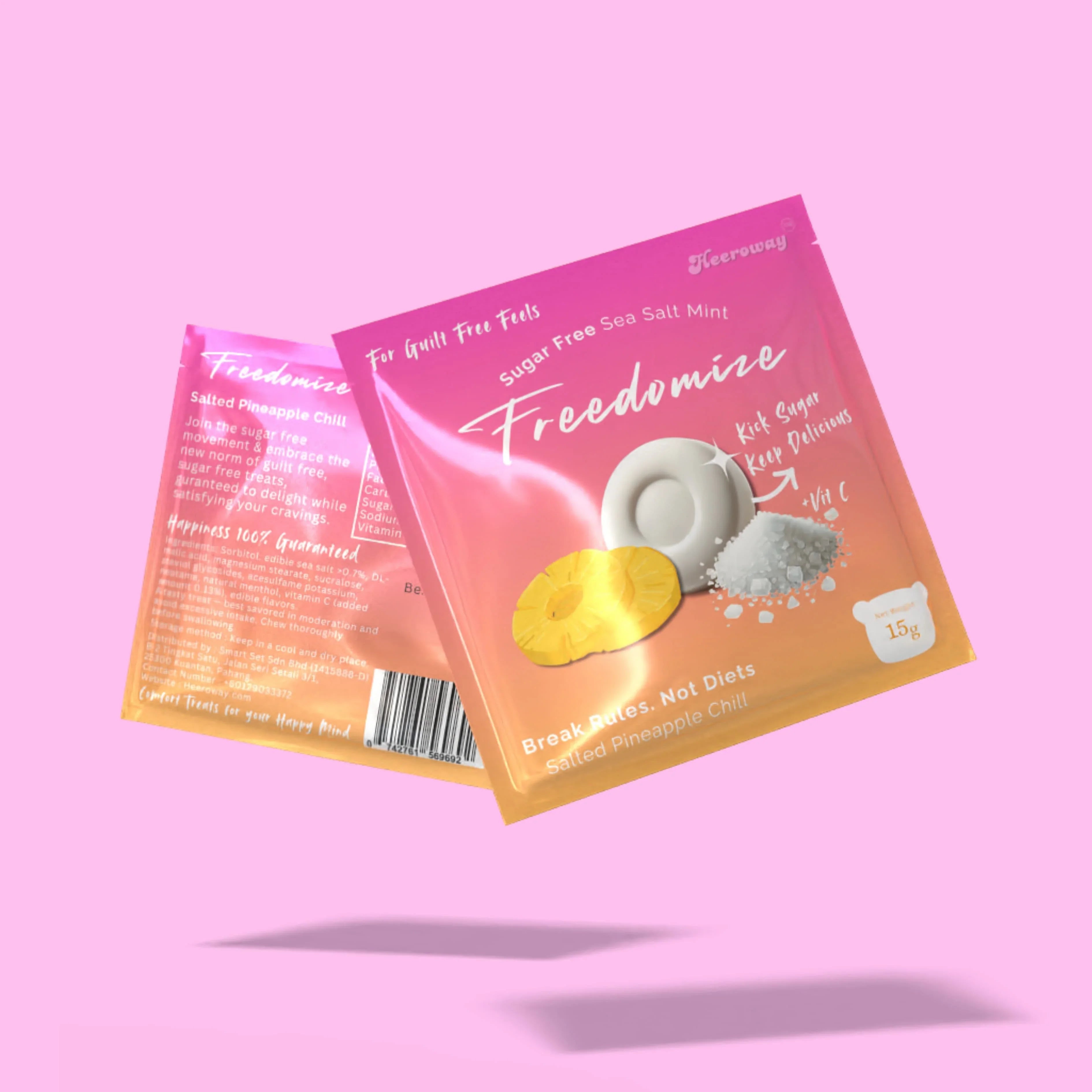 Freedomize sugar-free sea salt mint in Salted Pineapple Chill flavor, front and back packaging shown on a pink background.