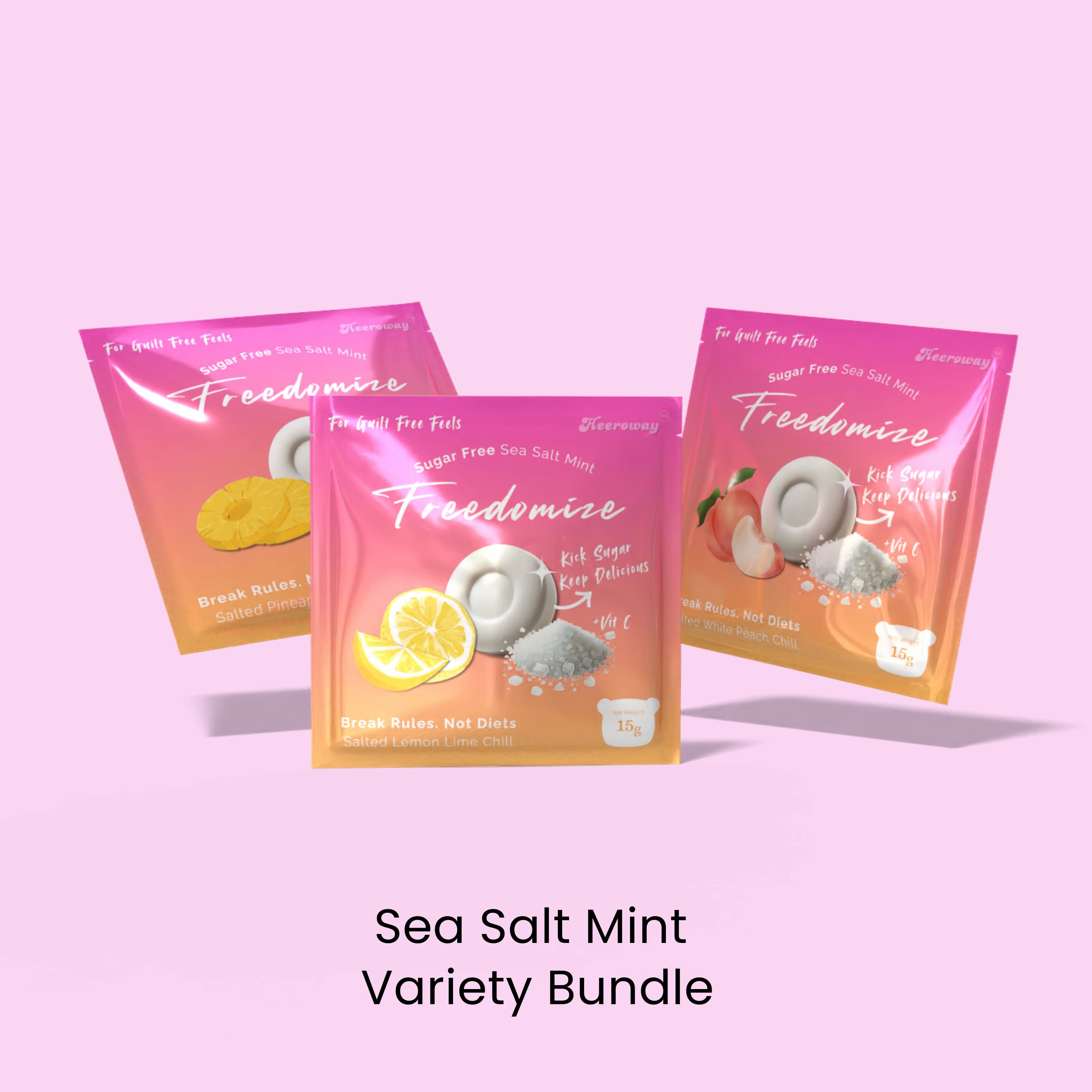 Freedomize Sea Salt Mint Variety Bundle with pineapple, lemon, and peach flavors in 15g packs displayed on a pink background in you may also like recommended product.