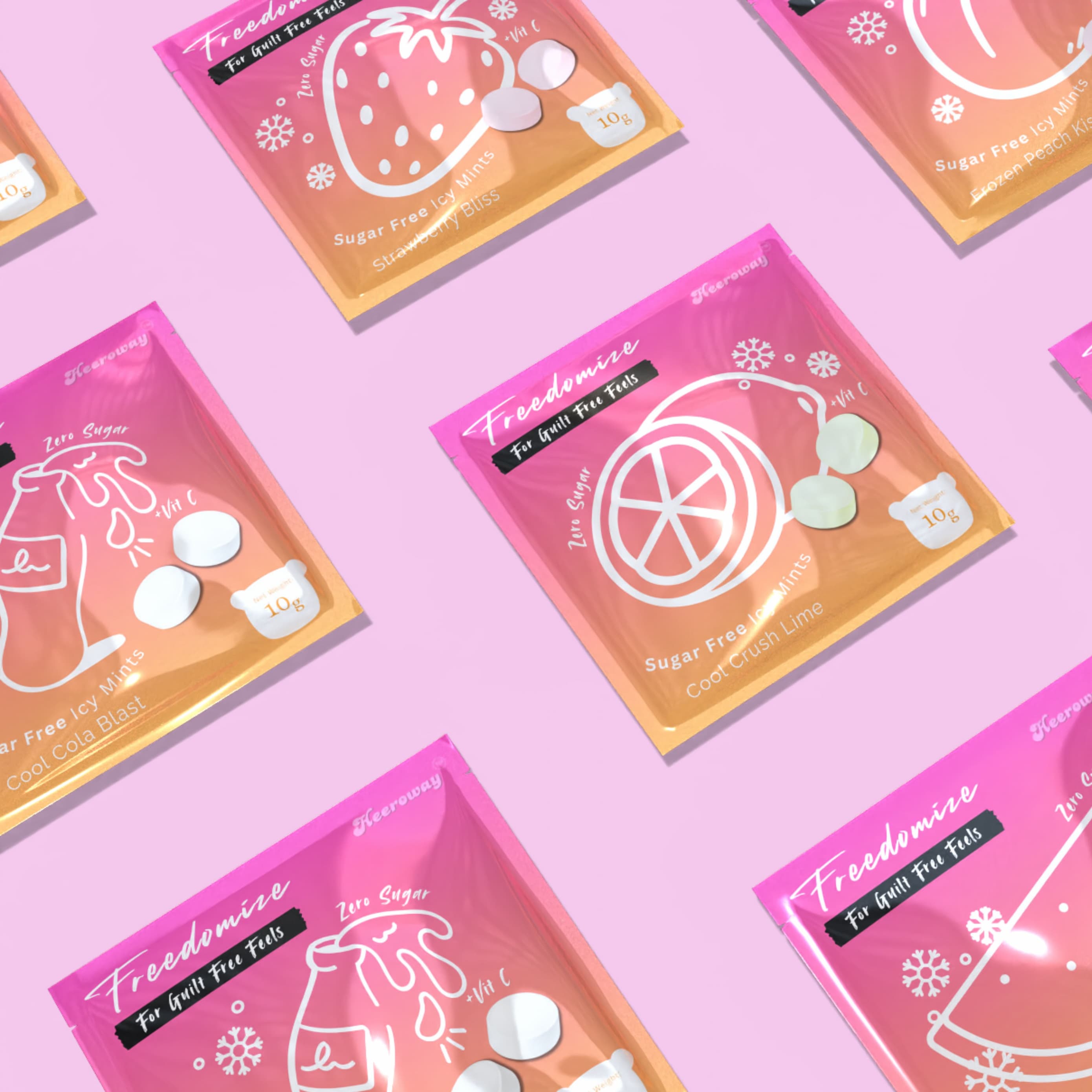 Flat lay arrangement of Freedomize sugar free icy mints packaging in various fruity flavors on a pink background.