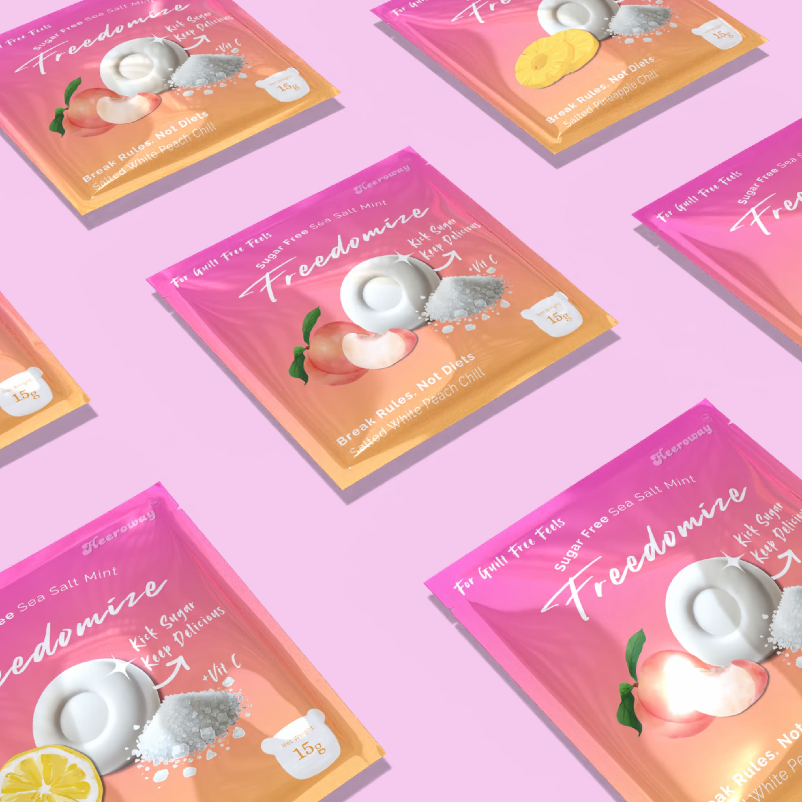Flatlay of Freedomize sugar-free sea salt mint packets in flavors white peach chili, pineapple, and lemon, arranged neatly on a pastel pink background.