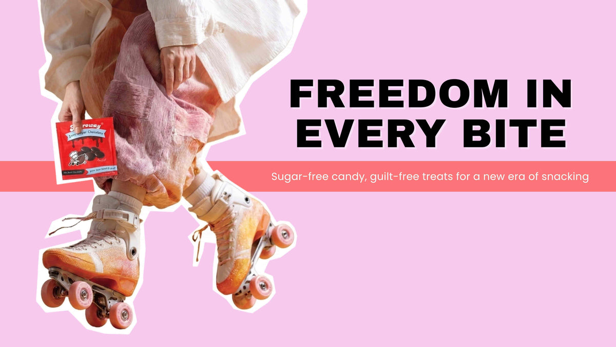 Roller skater holding Freedomize sugar-free strawberry mint pack with slogan Freedom in Every Bite on pink banner for desktop mode.