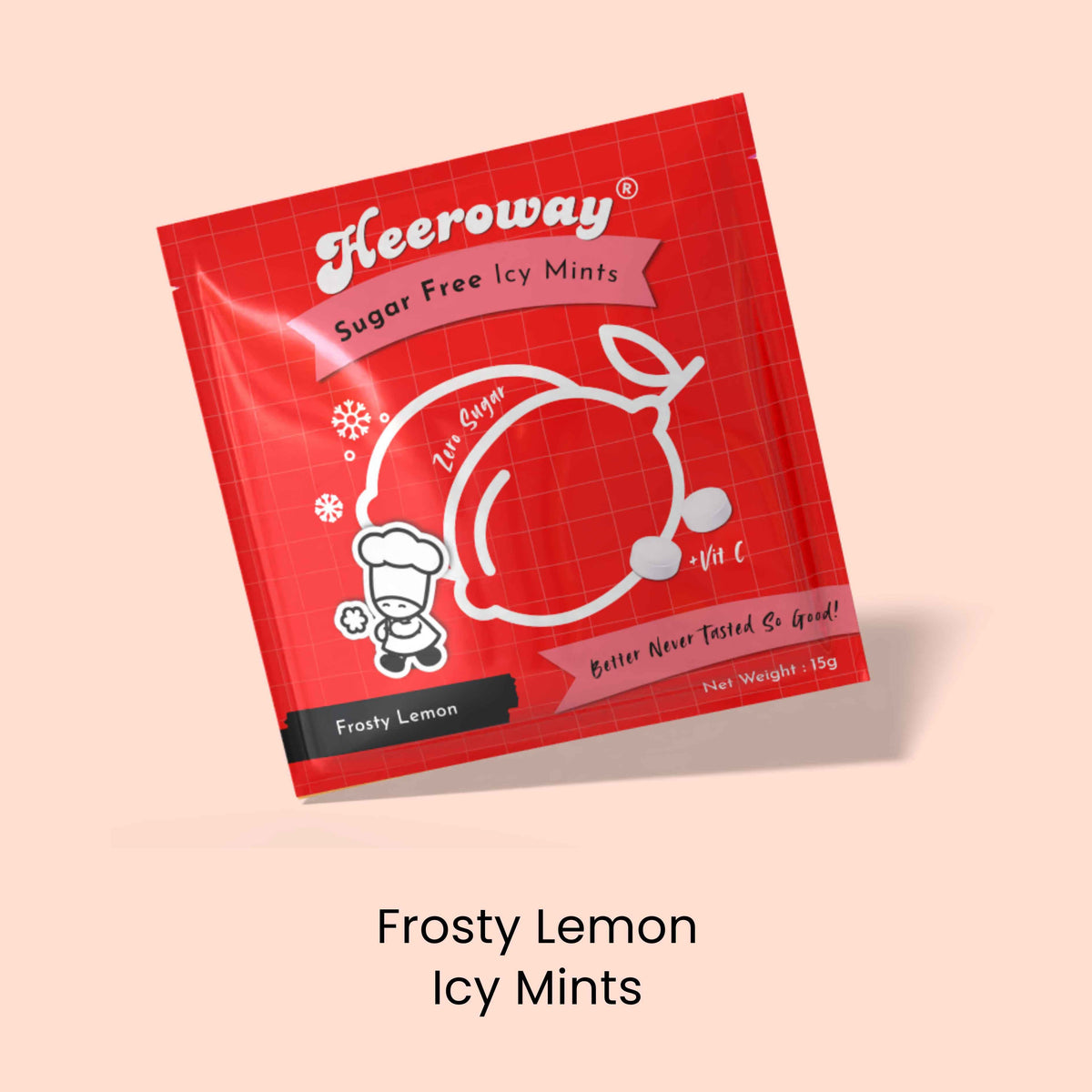A single packet of Heeroway Frosty Lemon Sugar Free Icy Mints, shown at an angle on a light peach background with the text 'Frosty Lemon Icy Mints' underneath.