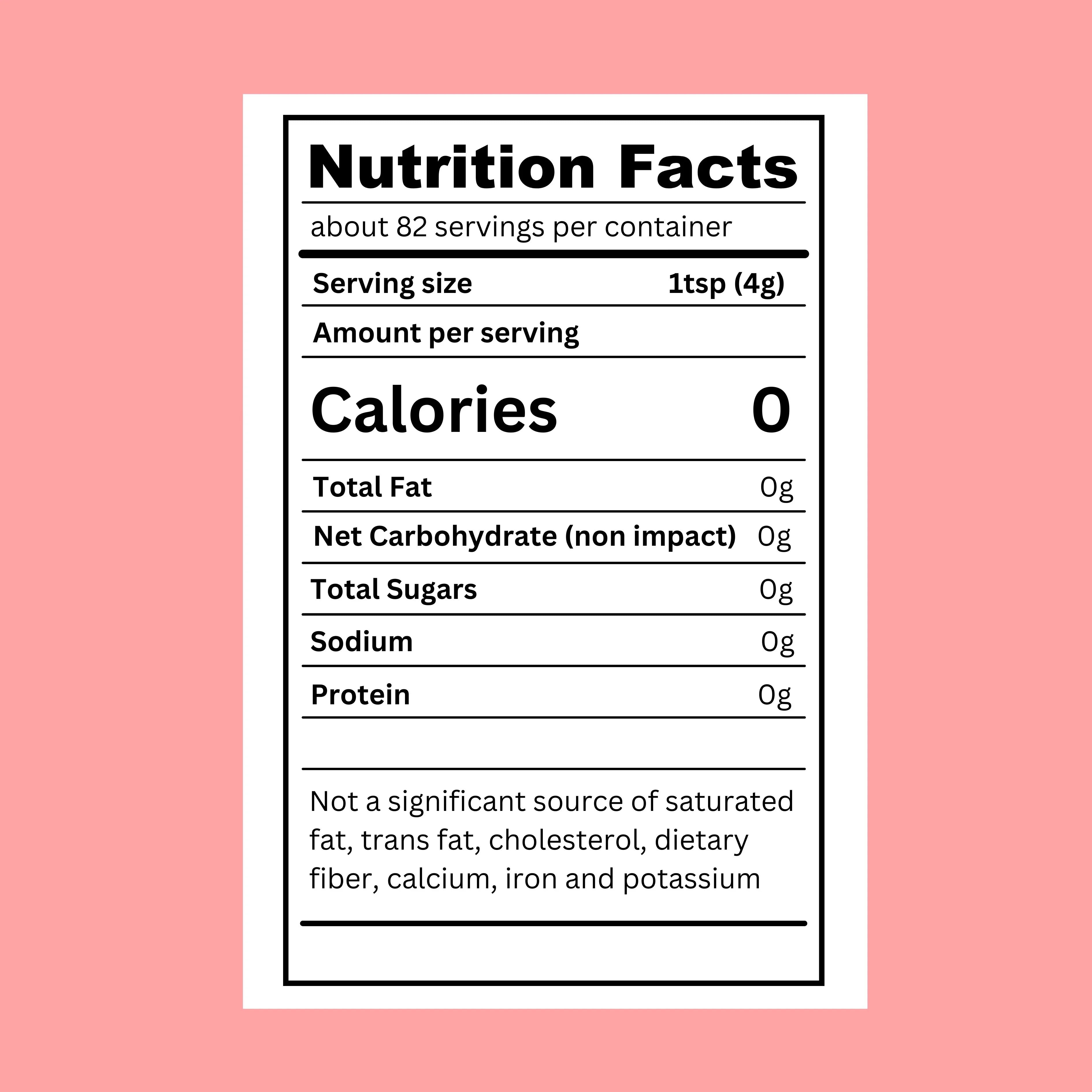 Nutrition facts label for Heeroway white sugar replacement, showing zero calories, zero fat, zero net carbs, zero sugar, zero sodium, and zero protein per 1 teaspoon (4g) serving in product page.