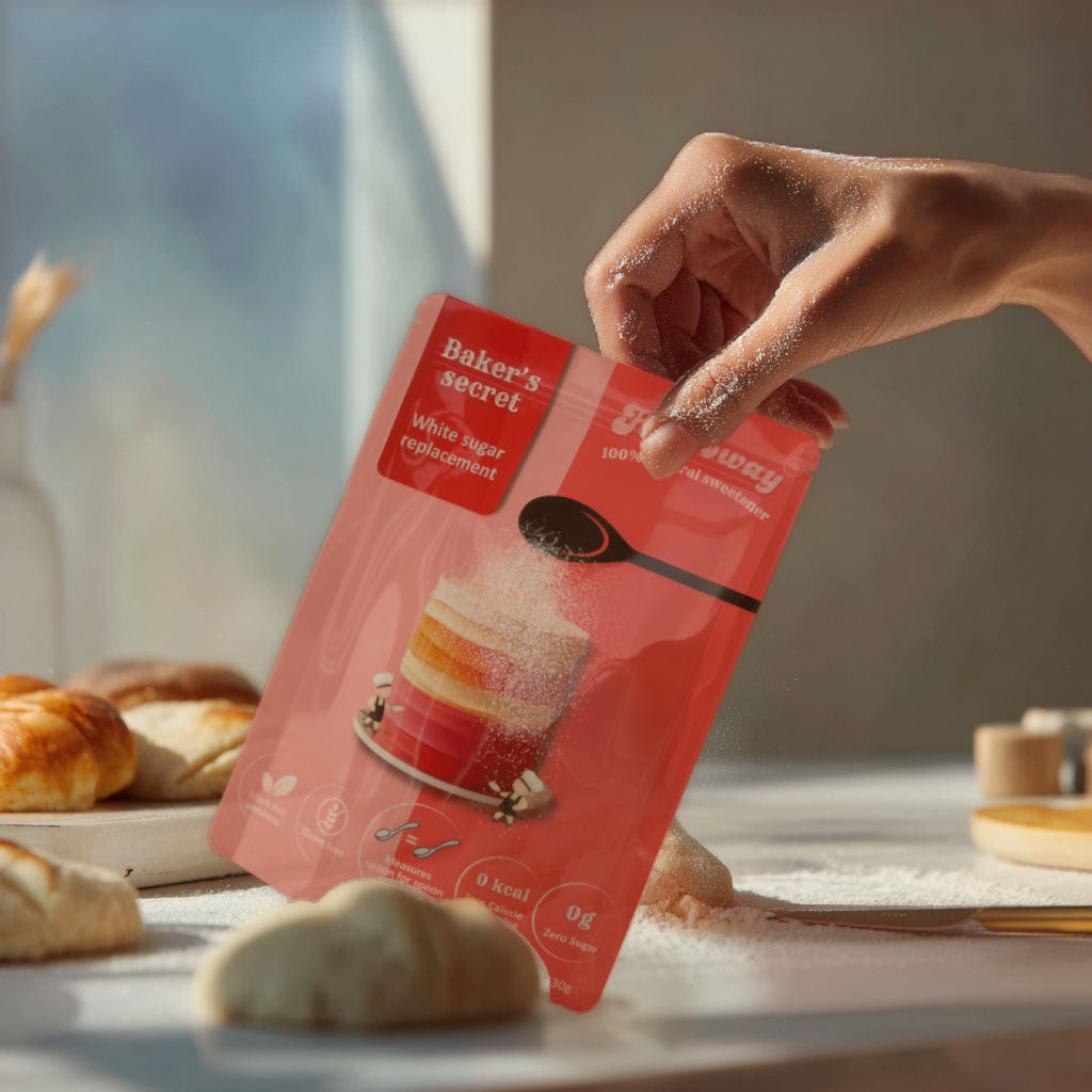 Hand sprinkling flour in a cozy kitchen while holding Heeroway Baker’s Secret white sugar replacement pouch, surrounded by croissants and baking ingredients in product page.