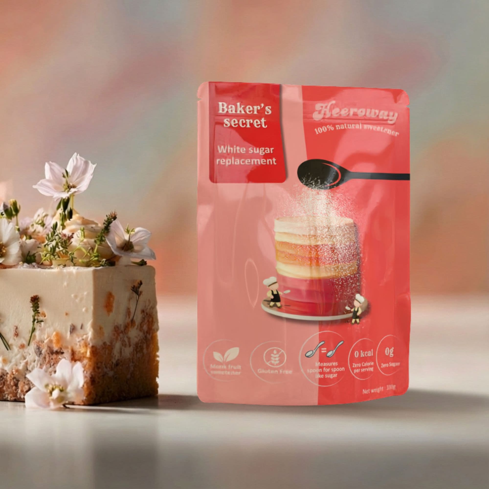 Heeroway Baker’s Secret white sugar replacement pouch next to a layered cake on a pastel studio background