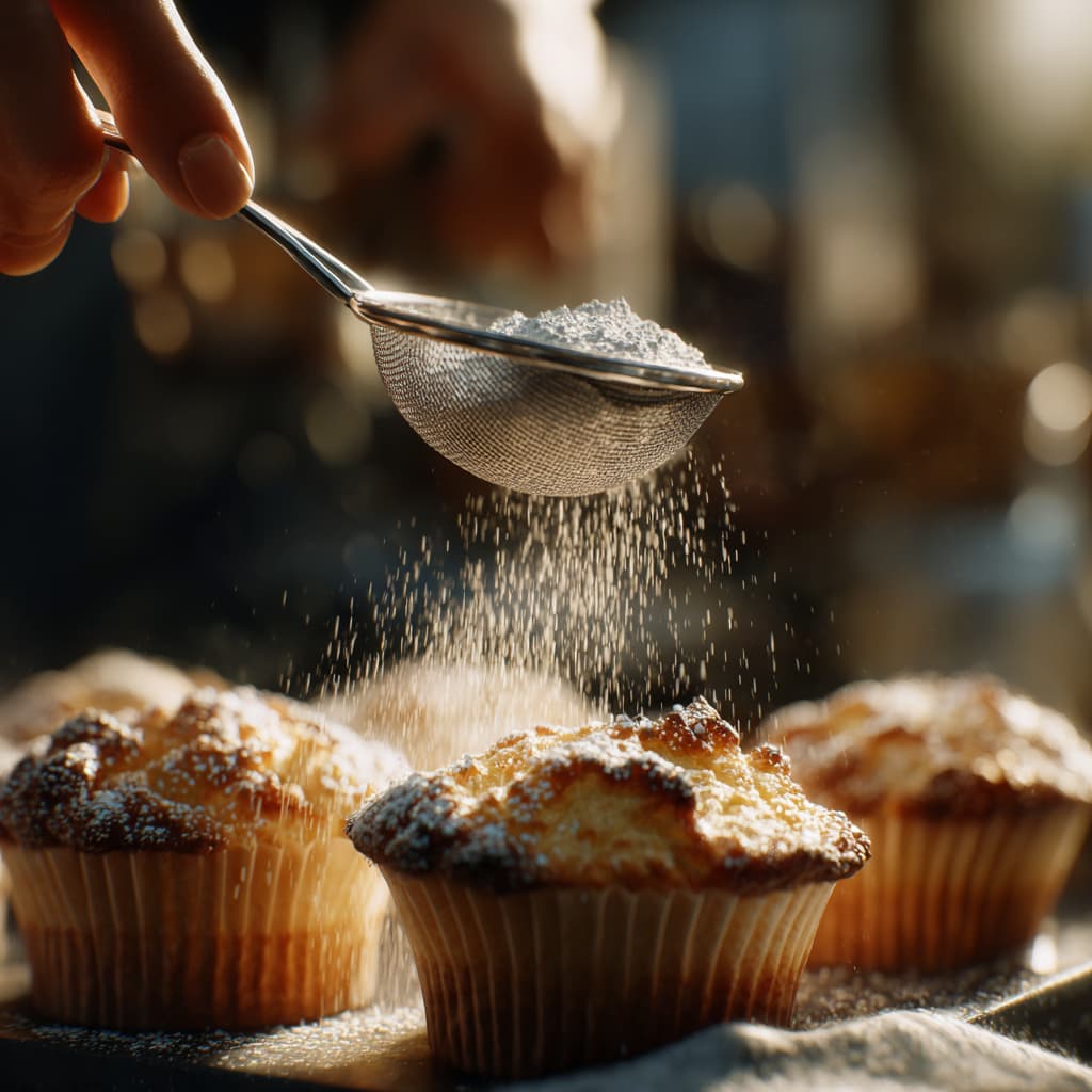 Hand sprinkling Baker’s Secret white sugar replacement over freshly baked muffins with a sieve.