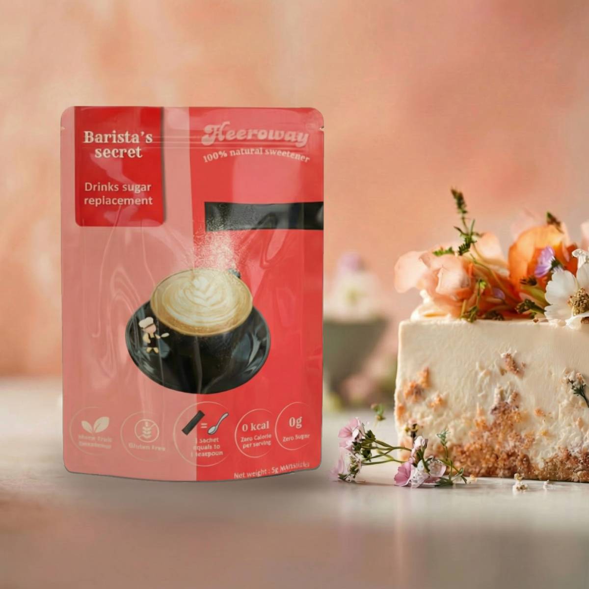 Heeroway Barista’s Secret drinks sugar replacement pouch beside a slice of cake on a soft pastel background