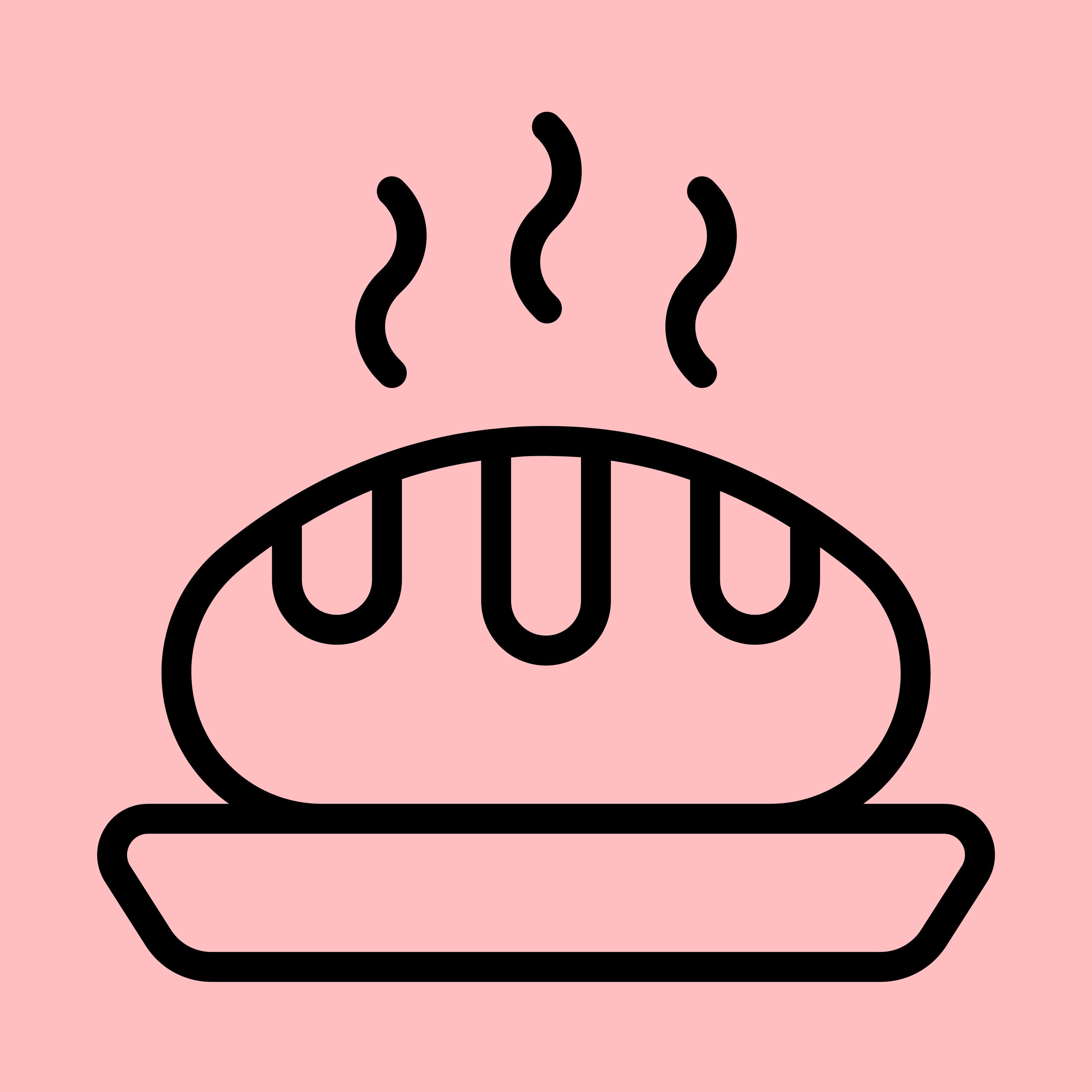 Black line icon of a steaming loaf of bread on a tray, on a pink background, representing bread made with sugar replacement.