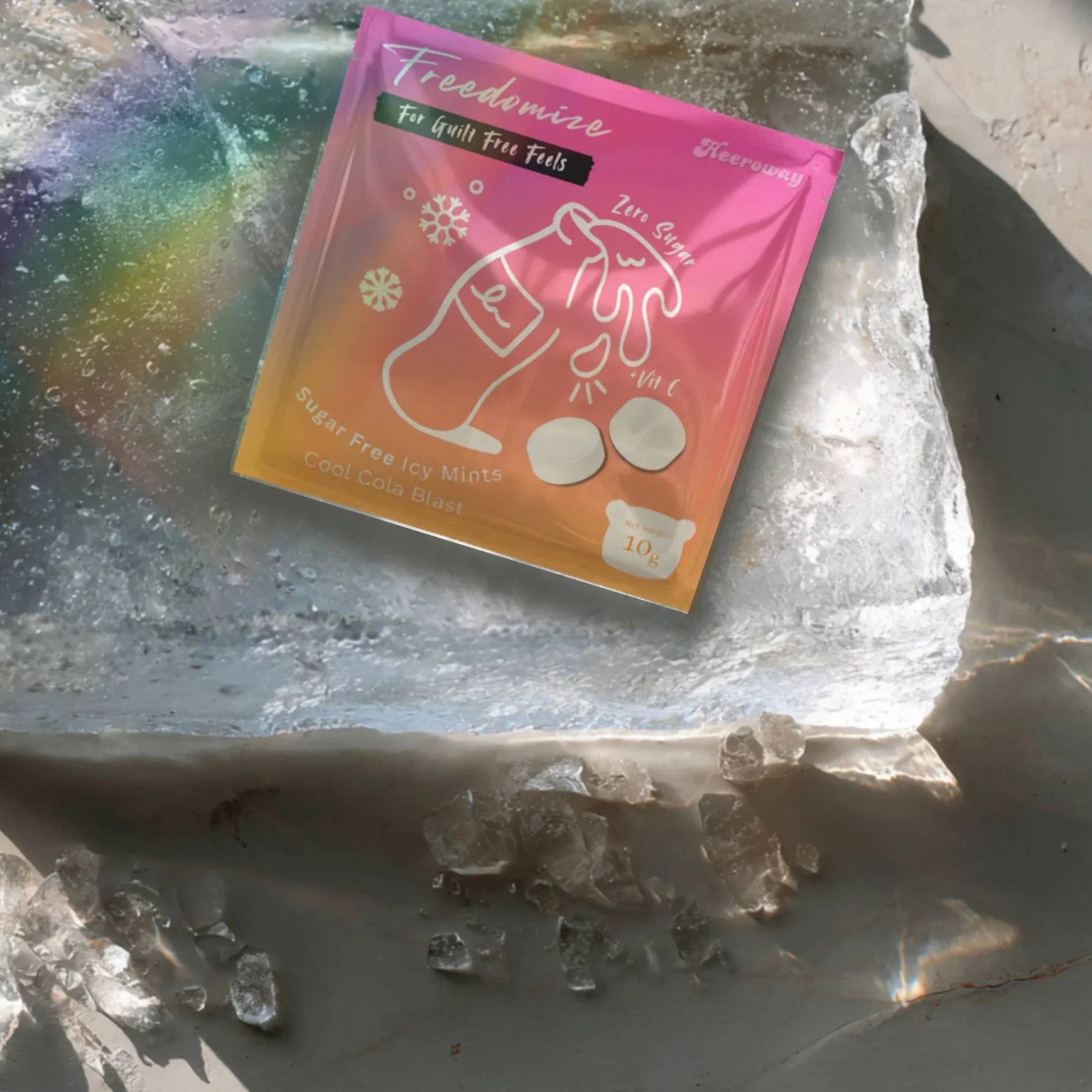 Heeroway Freedomize cool cola blast Sugar Free Icy Mints pouch floating against a pink background, showing front and back packaging in product page
