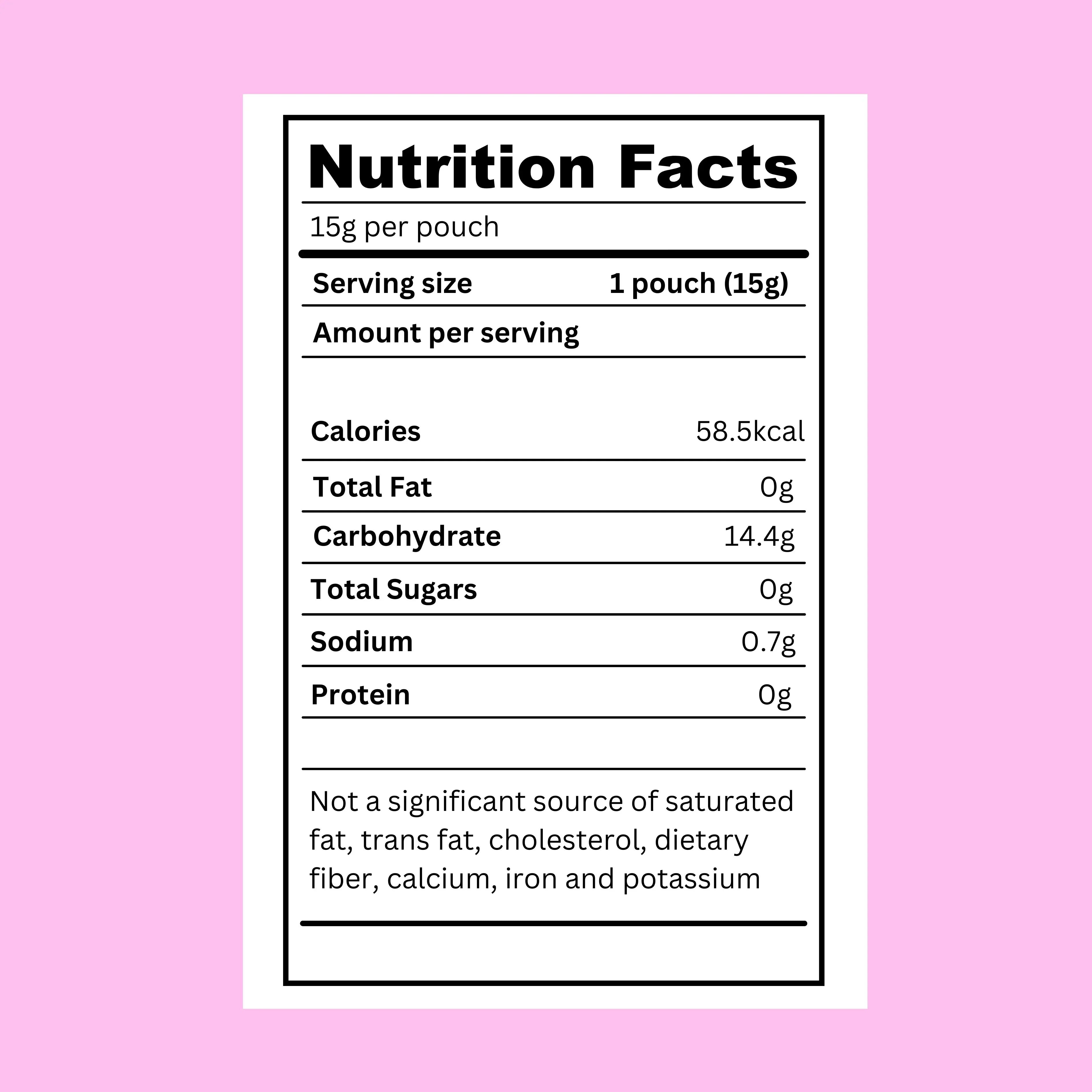 Nutrition facts label for Freedomize frosted peppermint Sugar Free Icy Gum showing 58.5 kcal, 14.4g carbohydrates, 0g fat, 0.7g sodium, and 0g protein per 15g pouch.