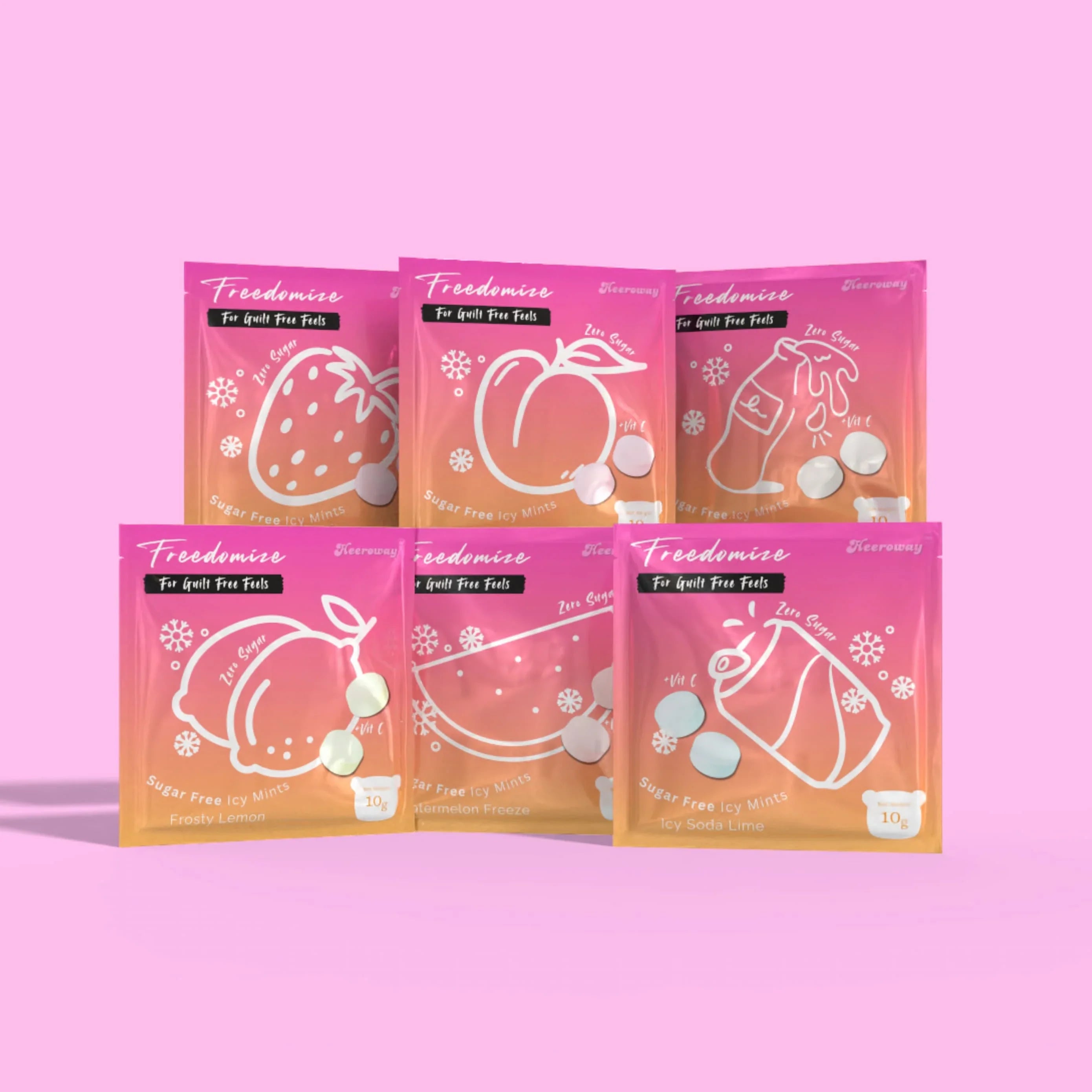 Six colorful Freedomize sugar free icy mint packs in strawberry, peach, cola, lemon, watermelon, and soda lime flavors arranged against a pastel pink background.
