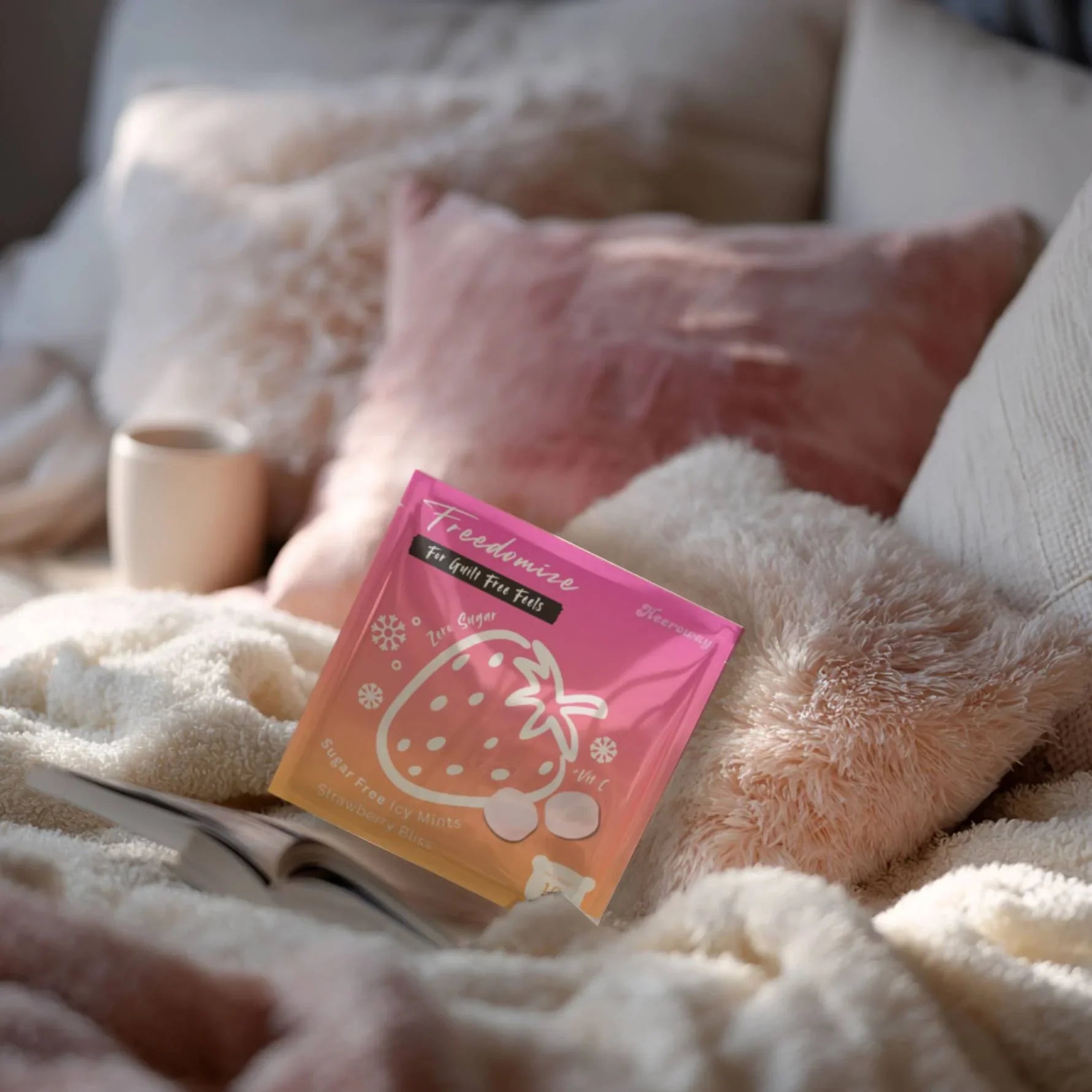 Freedomize Strawberry Bliss Sugar-Free Icy Mints pouch placed on a cozy bed with soft pink pillows, blanket, and a coffee cup nearby in product page.