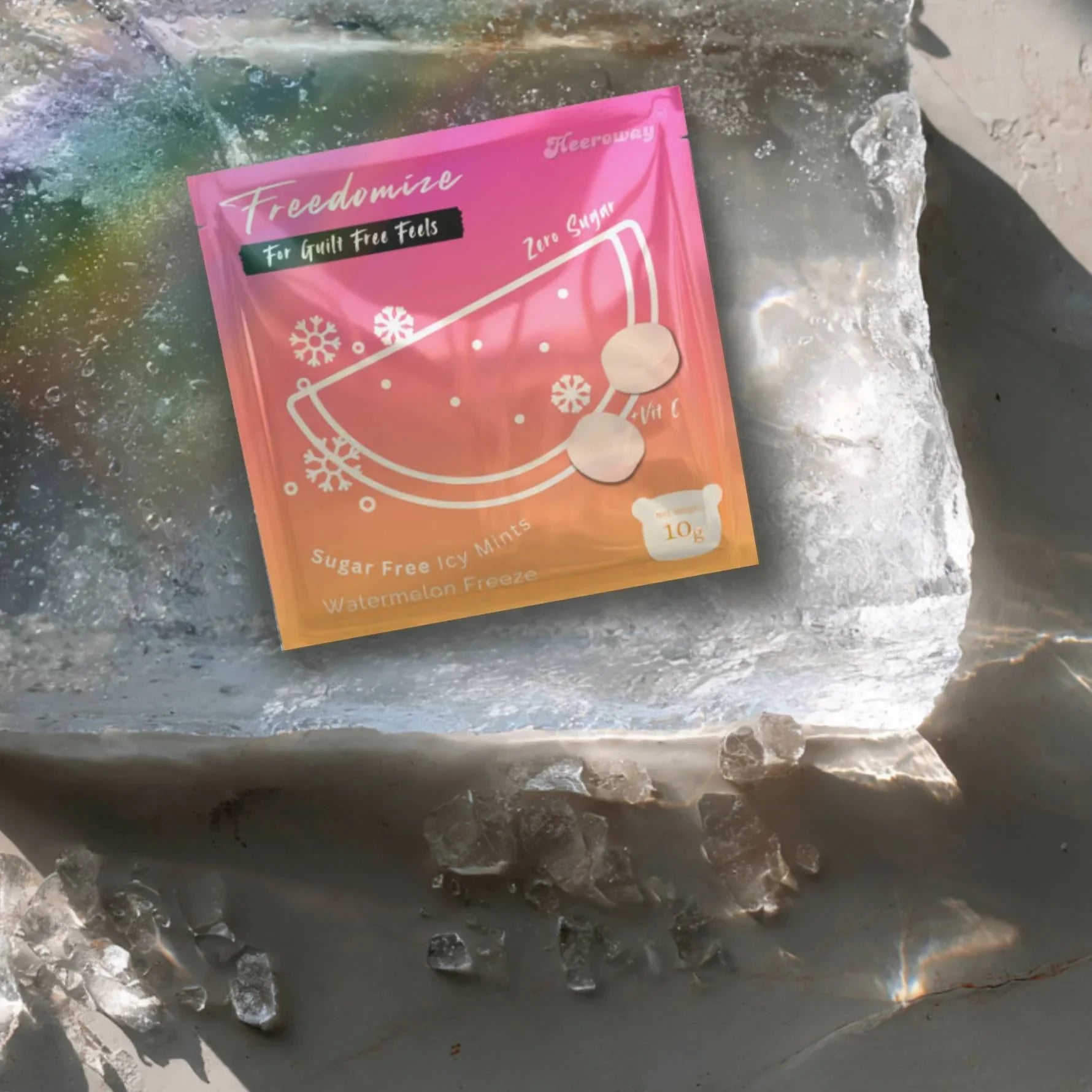 Heeroway Freedomize Watermelon Freeze Sugar Free Icy Mints pouch floating against a pink background, showing front and back packaging.