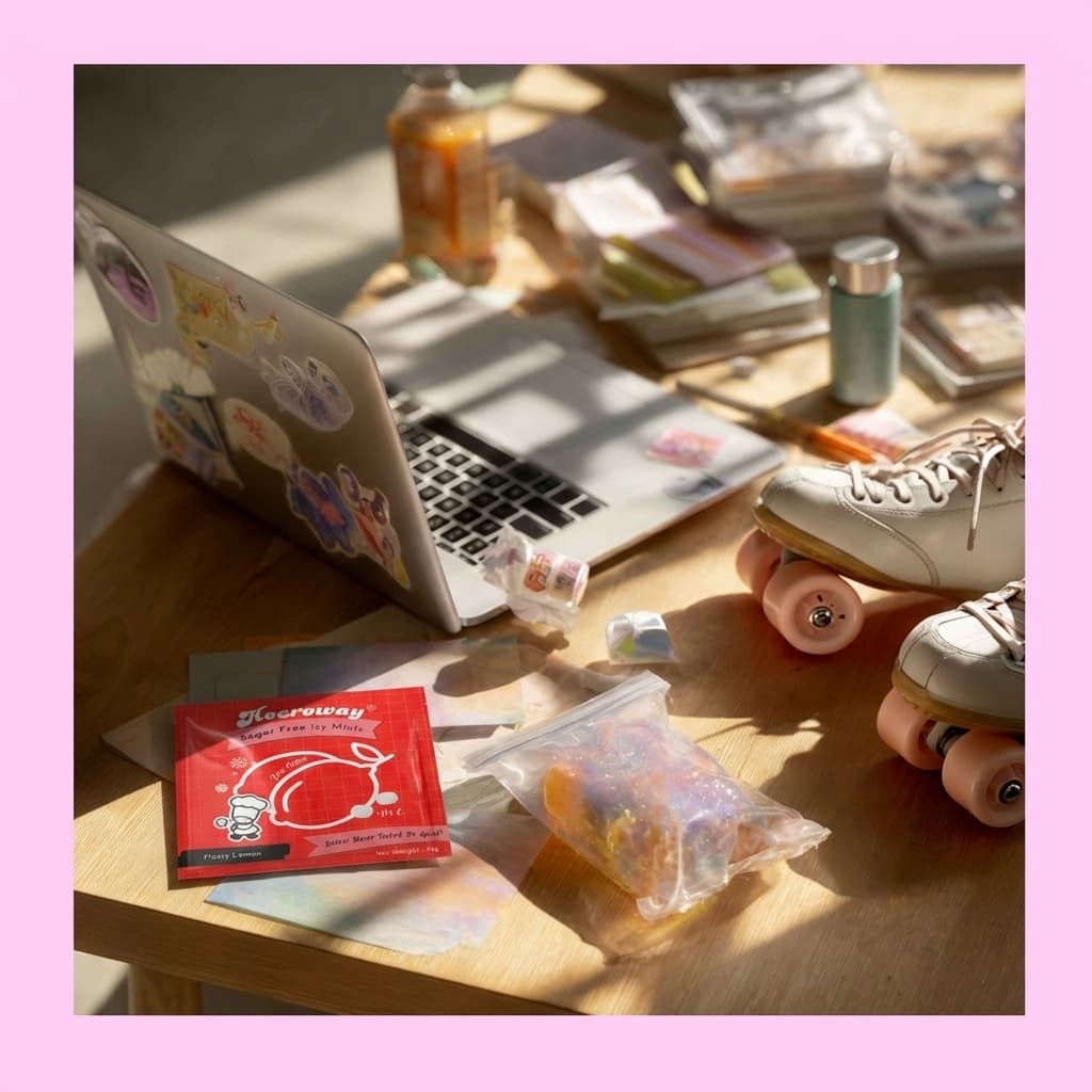 heeroway frosty lemon sugar free icy mints packaging on wooden desk with laptop roller skates drinks and stationery in sunlight