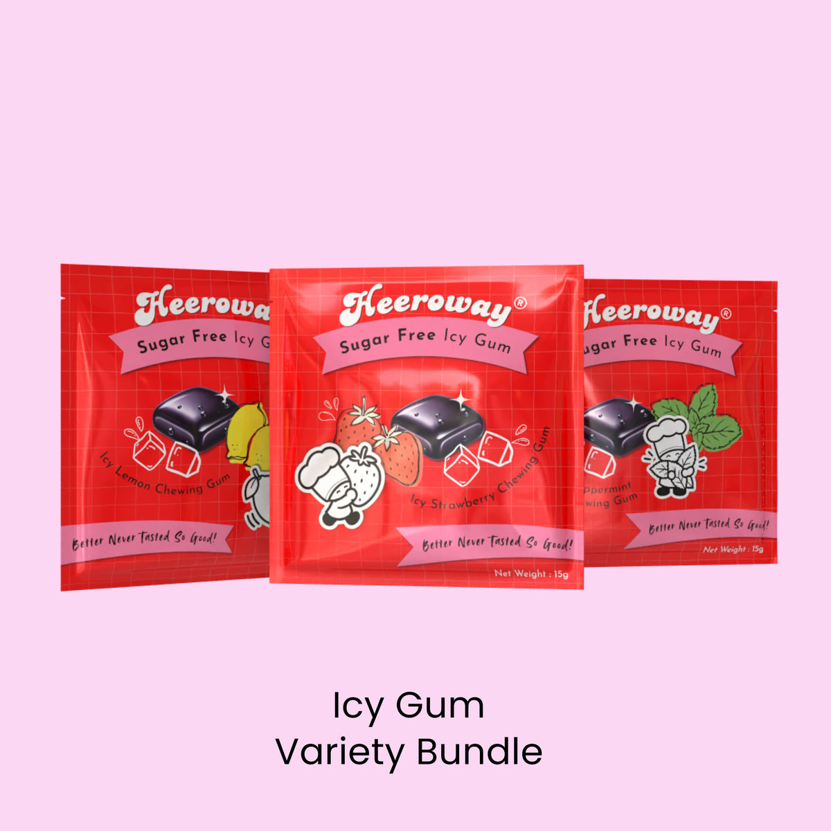 Heeroway Icy Gum Variety Bundle – assorted sugar free chewing gums in strawberry, lemon, and peppermint flavors.