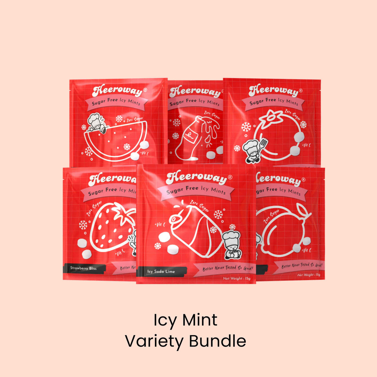 Heeroway Icy Mint Variety Pack featuring six sugar-free mint flavors including Strawberry, Peach, Cola, Lemon, Watermelon Freeze, and Soda Lime, displayed on a pink background in you may also like recommended product page.