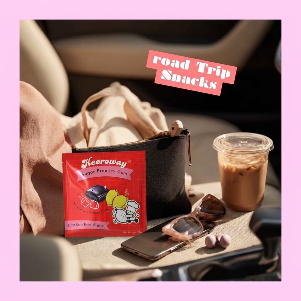 A red packet of Heeroway Sugary Free Icy Gum placed on a car seat next to a black zip pouch, an iced coffee, sunglasses, and a phone, with a pink border and 'road Trip Snacks' text overlay for bundle gum product page.