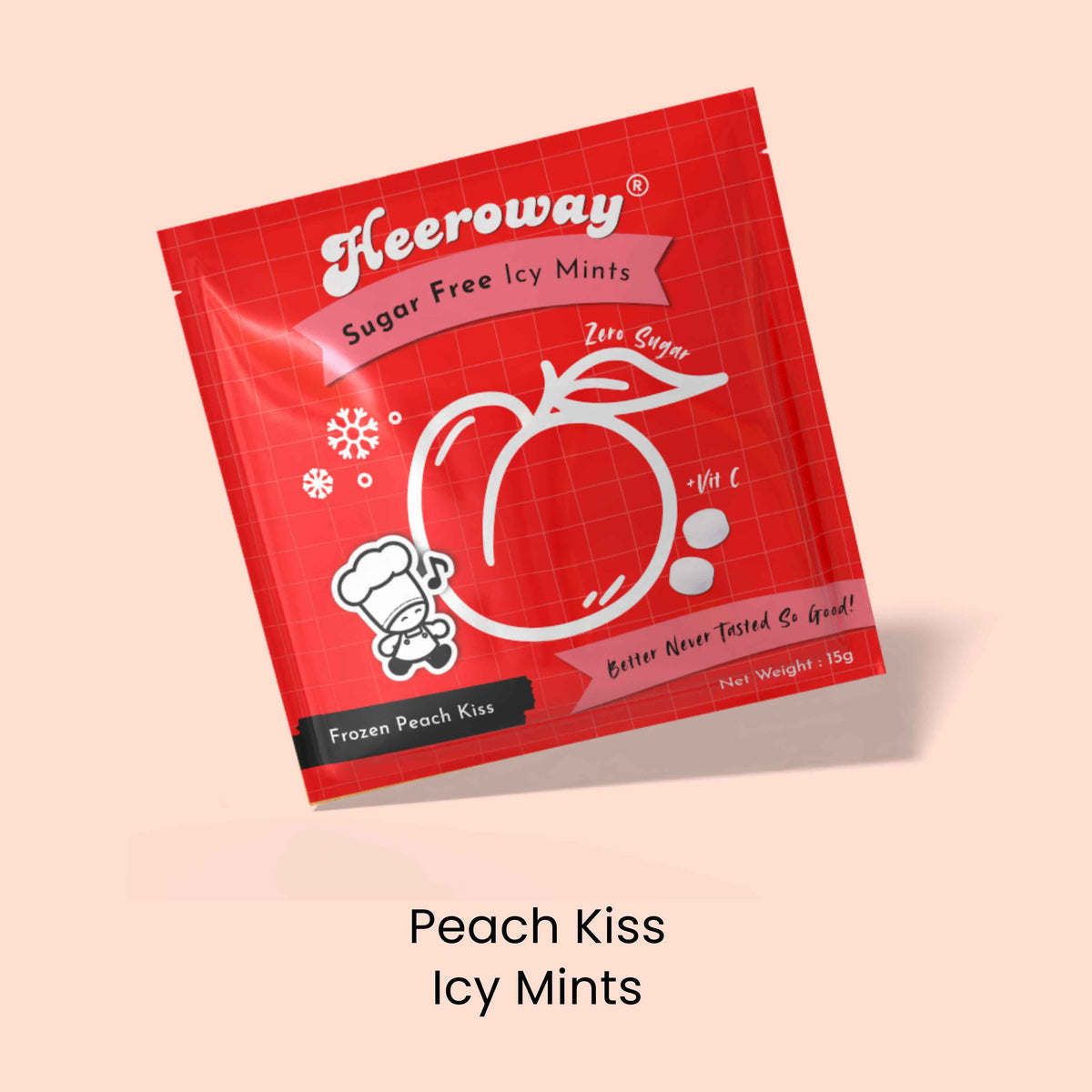 Heeroway icy mint with the flavor Frozen Peach Kiss, shown at an angle on a light peach background with the text 'Peach Kiss Icy Mints' below.