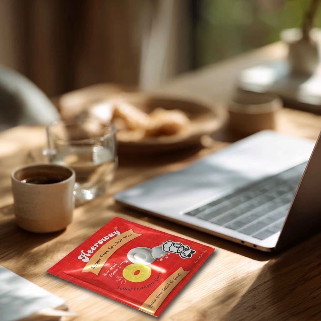 Heeroway pineapple sea salt mint sugar free packaging on wooden desk with coffee glass water laptop and snacks in background in a sunny afternoon for icy mint product page.