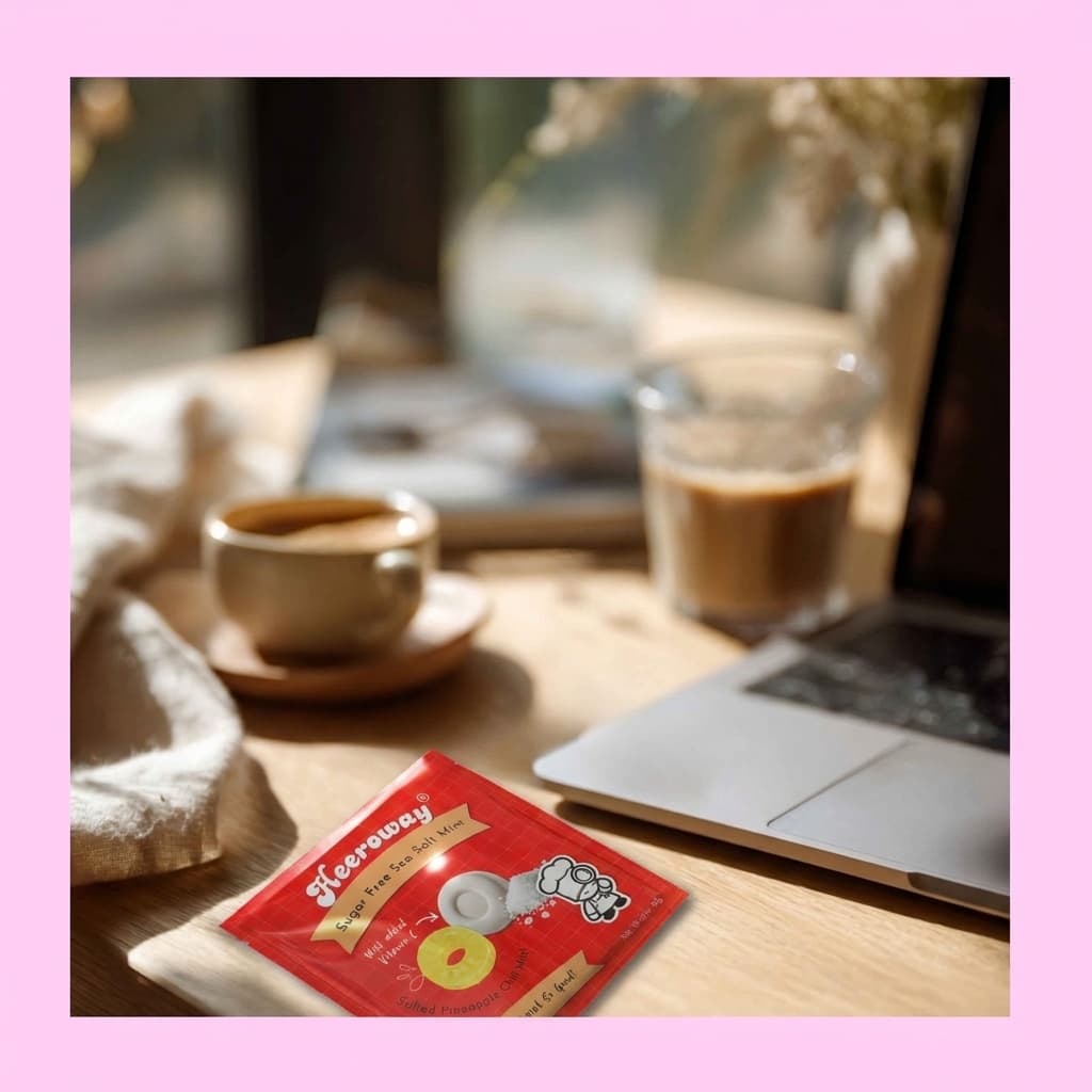 Heeroway pineapple sugar free sea salt mint packaging on wooden desk with coffee glass laptop and soft sunlight for icy mint product page.