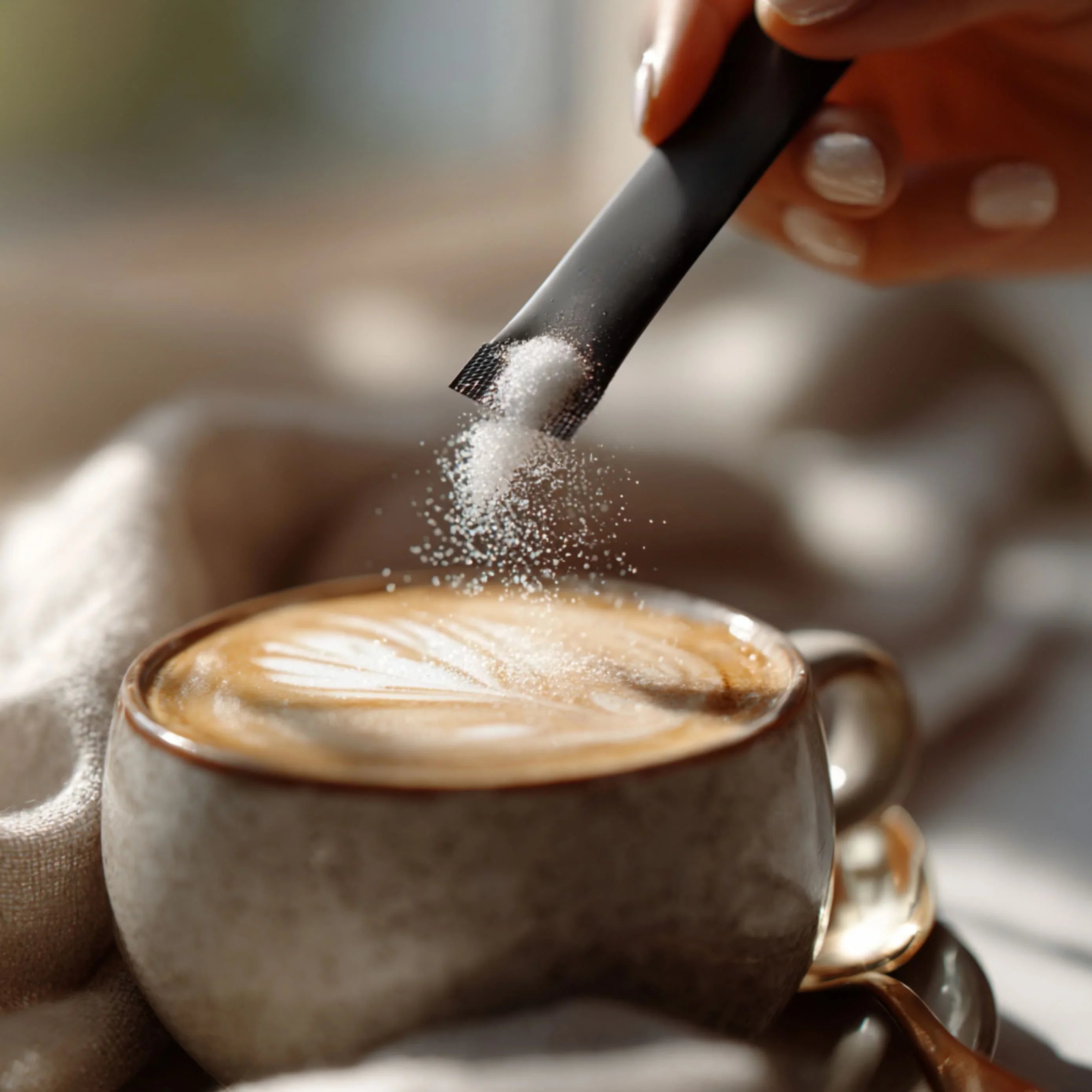Close-up of a hand pouring Heeroway sugar replacement from a stick pack into a cup of hot latte with beautiful foam art inside barista's secret drink replacement page.