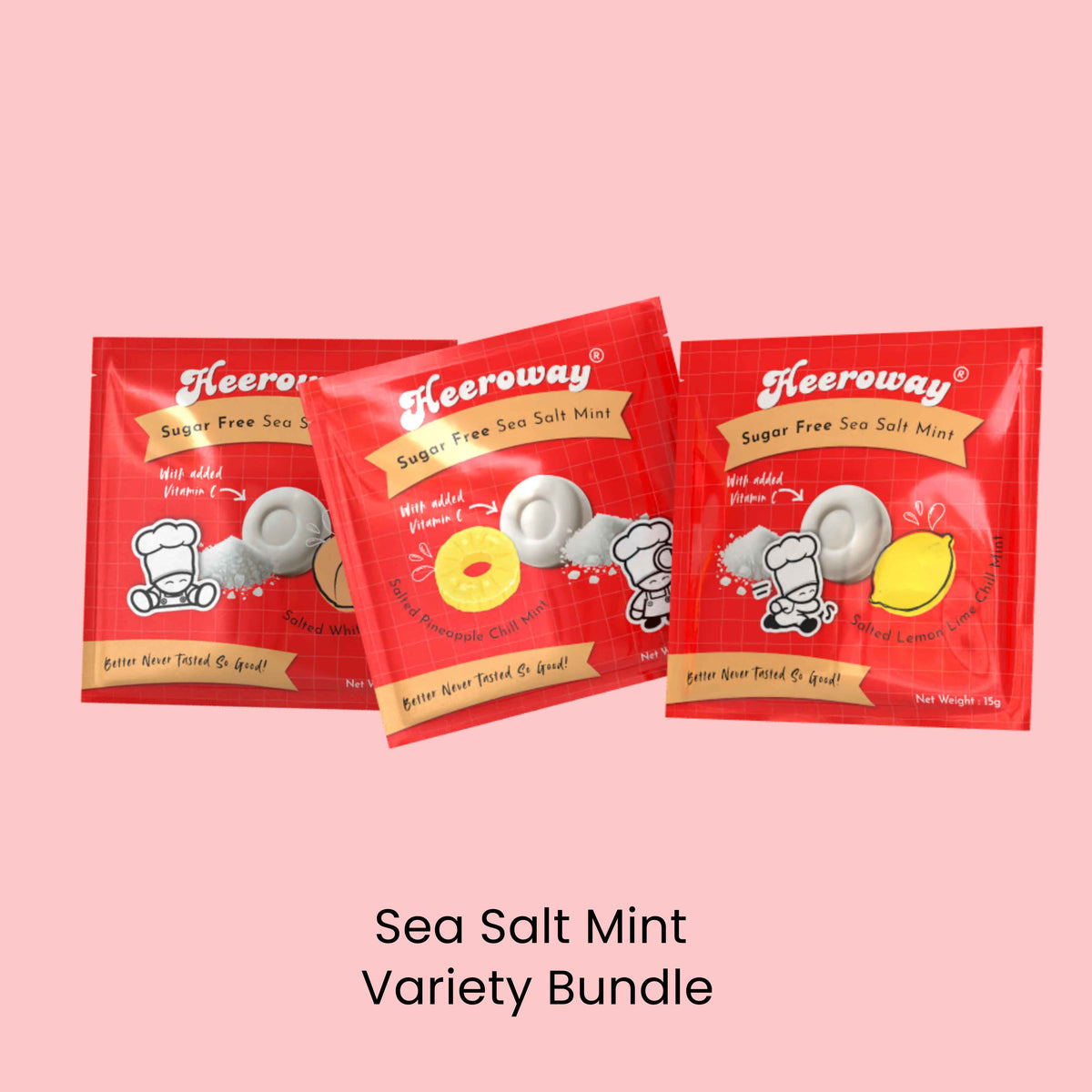 Three pouch of Heeroway Sugar Free Sea Salt Mint candy arranged on a light pink background, with the text 'Sea Salt Mint Variety Bundle' below.