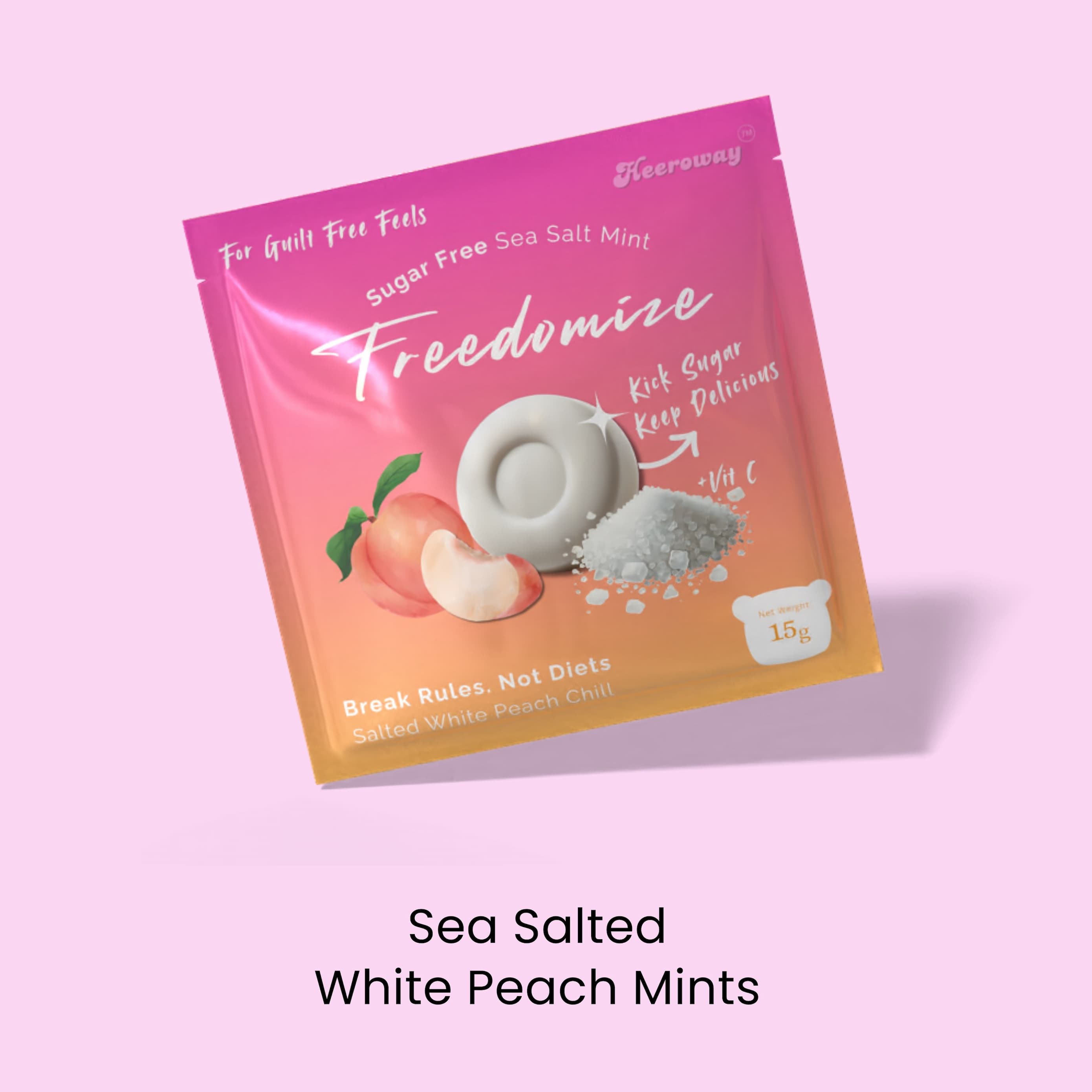 Heeroway Freedomize Sea Salted White Peach sugar-free mints – guilt free, fruity fresh flavor
