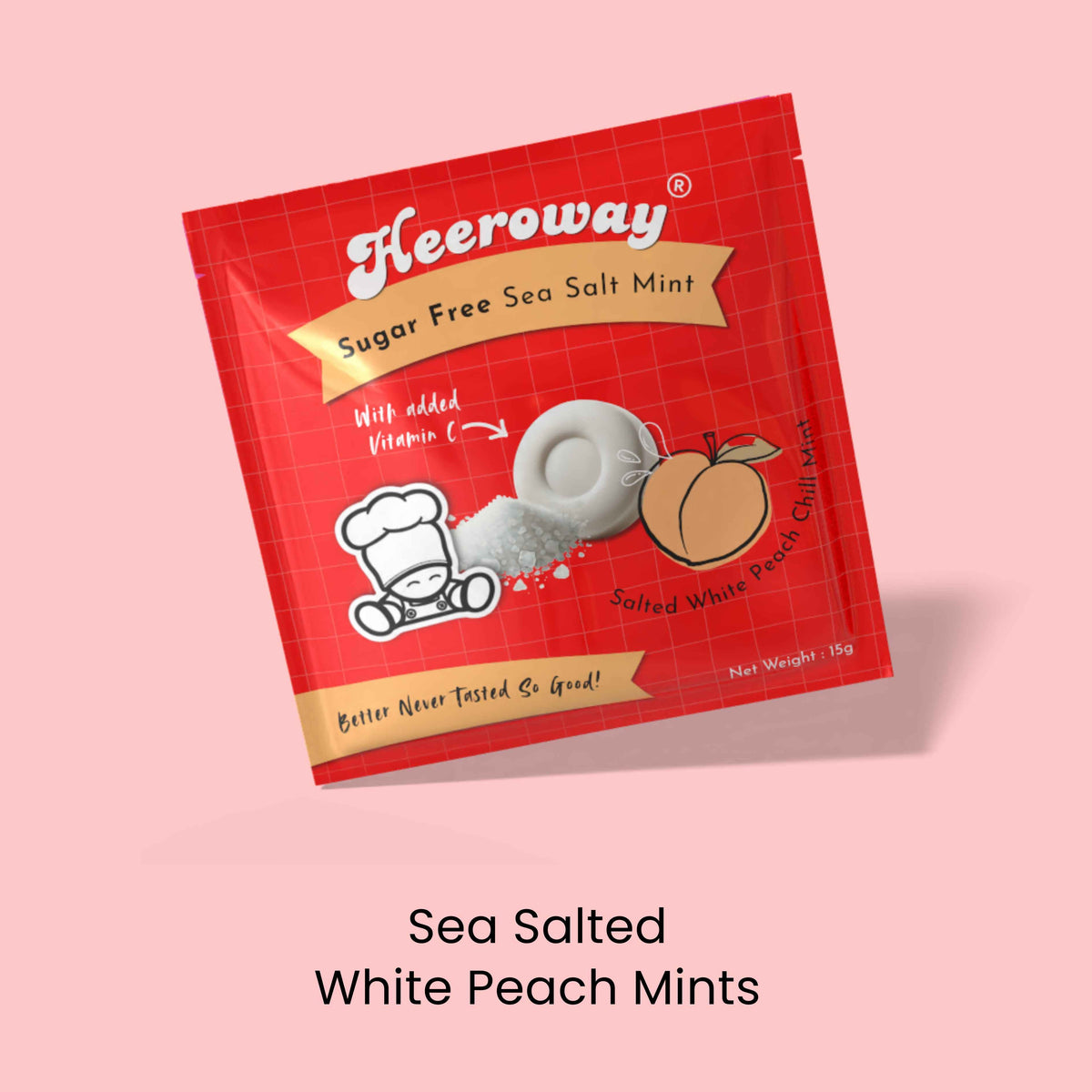 Heeroway sugar free sea salted white peach mints with chili flavor in 15g pouch.