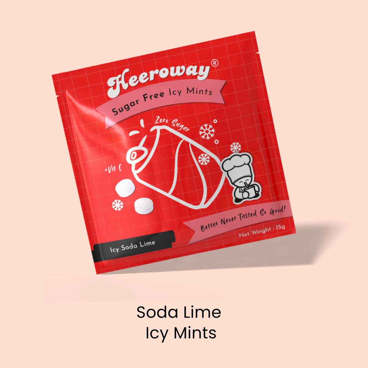 Heeroway Soda Lime Sugar Free Icy Mints pouch with refreshing soda lime flavor for product page.