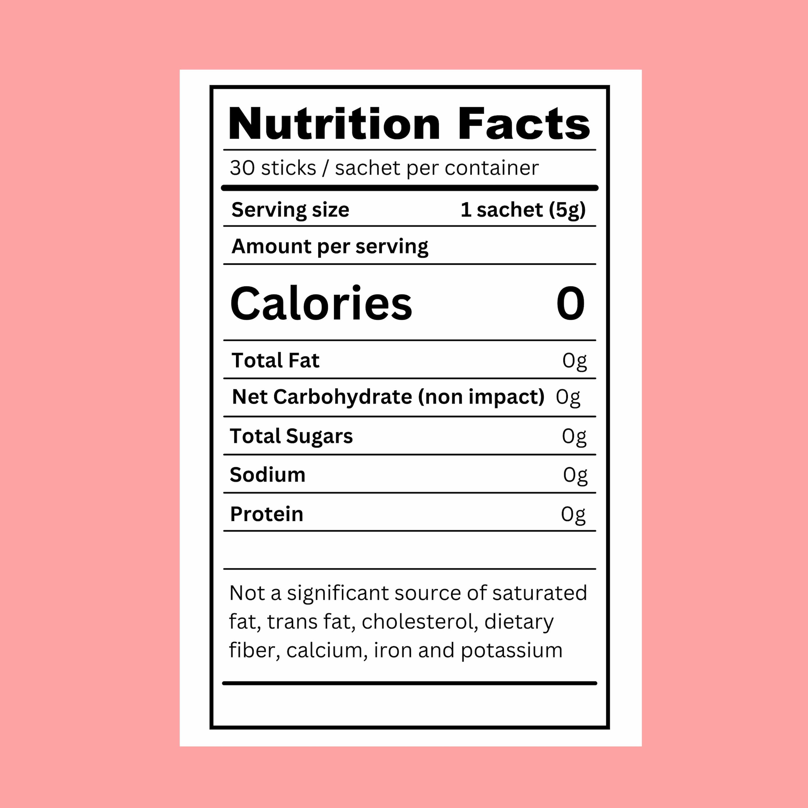 Nutrition facts label for Heeroway zero-calorie sweetener stick sachets, showing 50 servings per pack, 1 sachet (5g) serving size, and 0g sugar, 0 calories on a pink background.