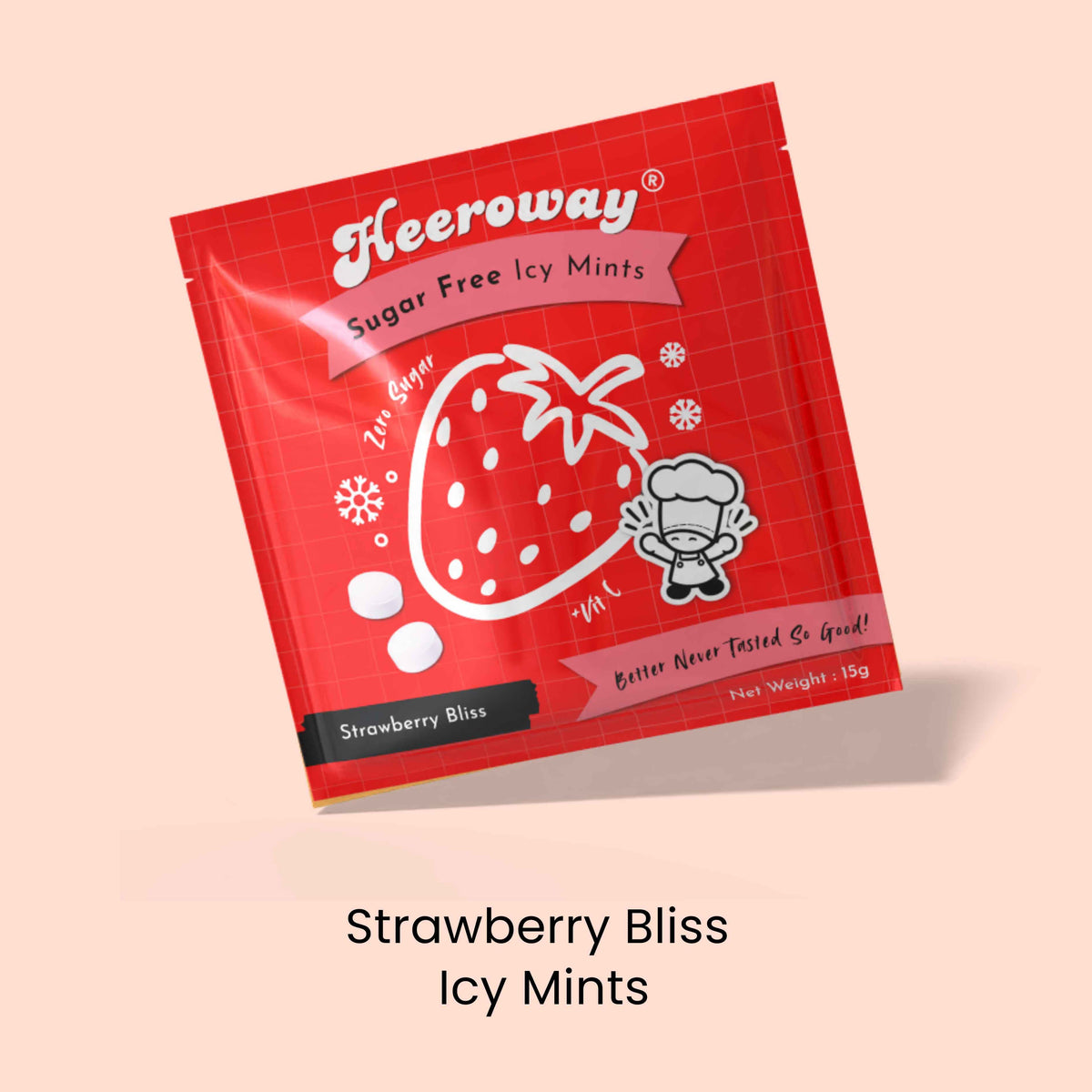 A red packet of Heeroway Strawberry Bliss Sugar Free Icy Mints, shown at an angle on a light peach background with the text 'Strawberry Bliss Icy Mints' below.