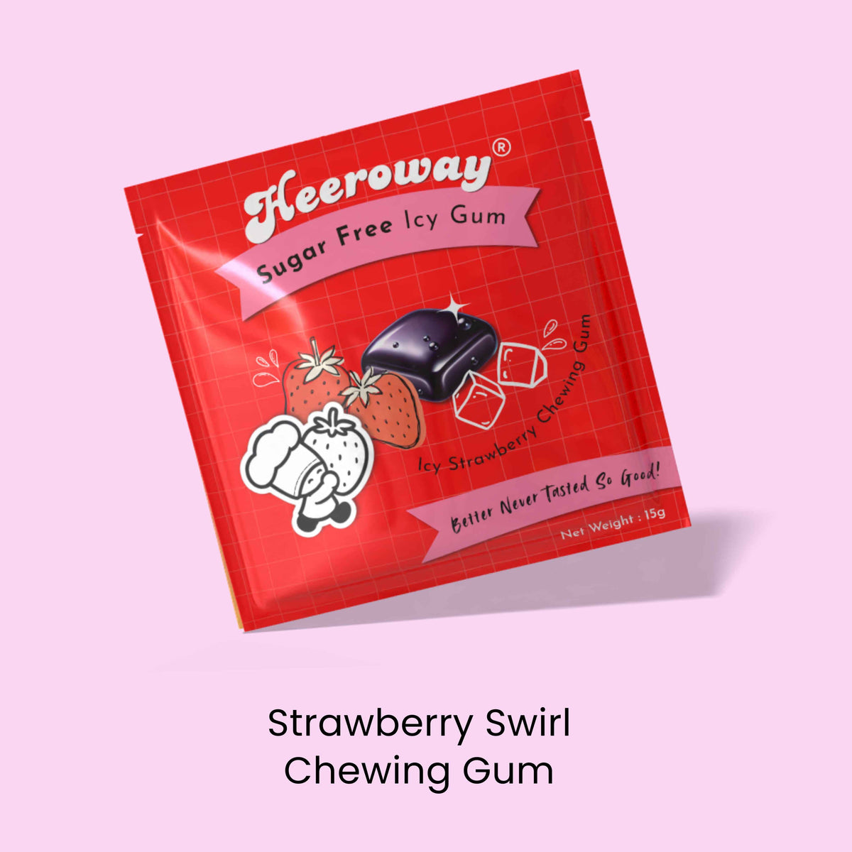 Heeroway Strawberry Swirl Sugar Free Chewing Gum – fruity icy gum with strawberry flavor, zero sugar, 15g pack.