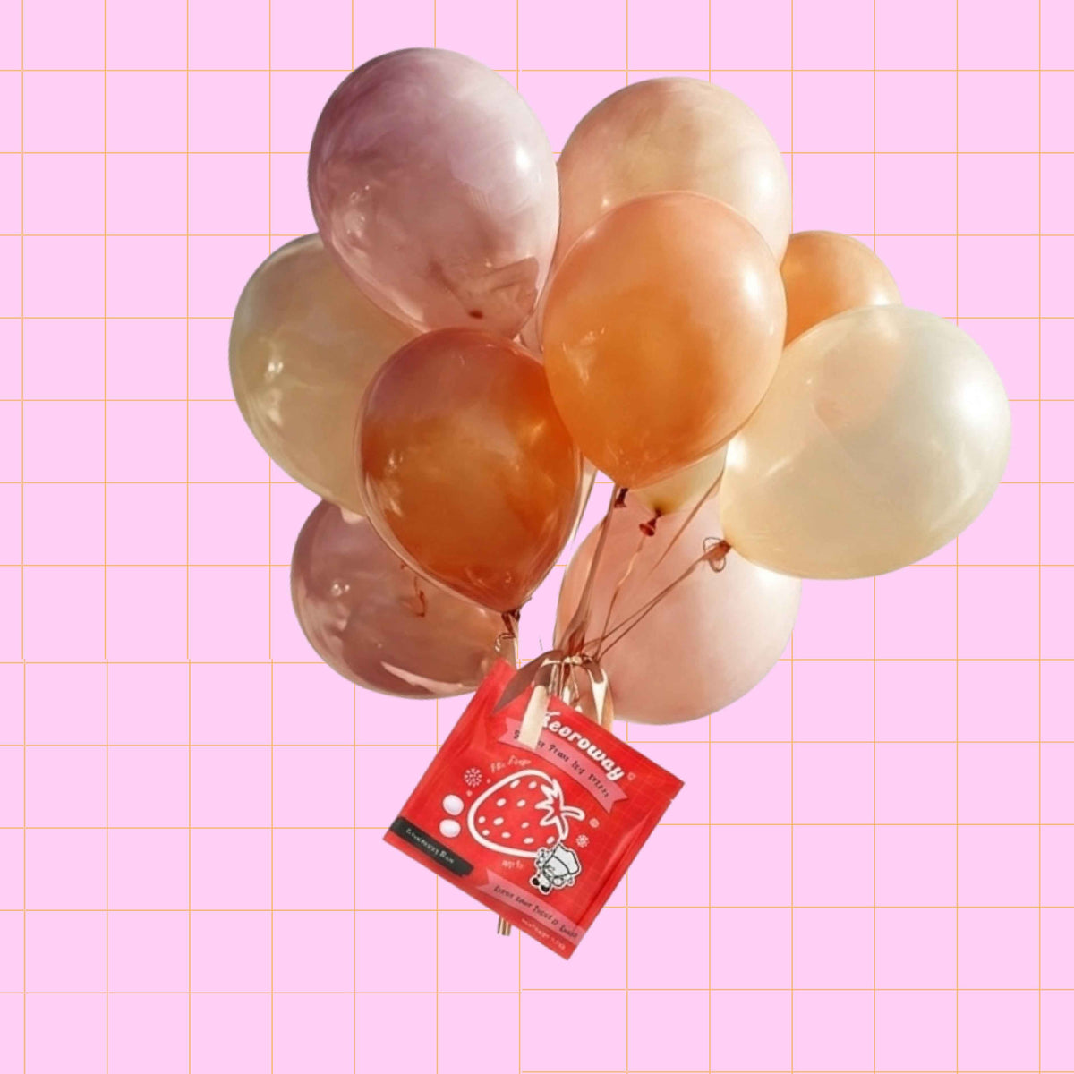 Heeroway strawberry swirl sugar free icy gum packaging attached to pastel balloons on pink grid background