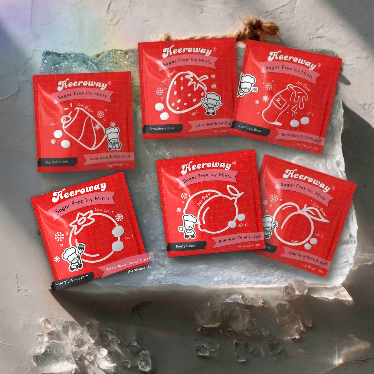 Heeroway  sugar-free icy mints— variety pack featuring icy soda lime, watermelon freeze, cool cola blast, strawberry bliss, peach kiss, and cool crush lime flavors in pink gradient packaging on ice background.
