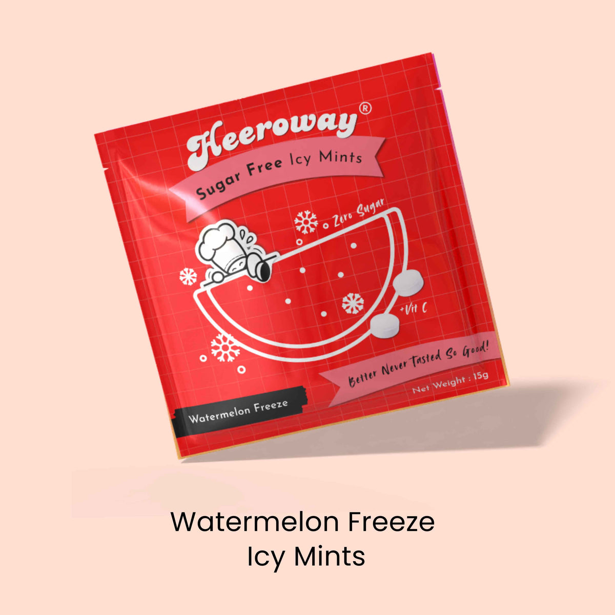 A red foil packet of heeroway Sugar Free Icy Mints, Watermelon Freeze flavor, shown at an angle on a light peach background with the text 'Watermelon Freeze Icy Mints' below.