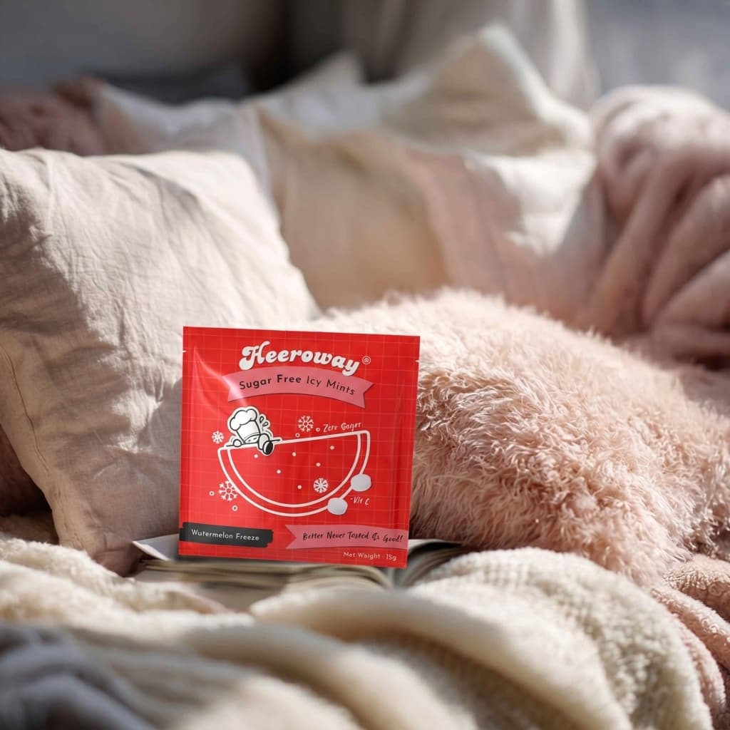 A red packet of Heeroway Sugar Free Icy Mints, watermelon flavor, placed on top of a large ice block with scattered ice crystals on a gray stone surface.