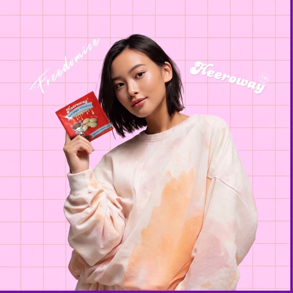 woman in pastel hoodie holding Heeroway white chocolate packaging with pink background and celebrate life text graphics