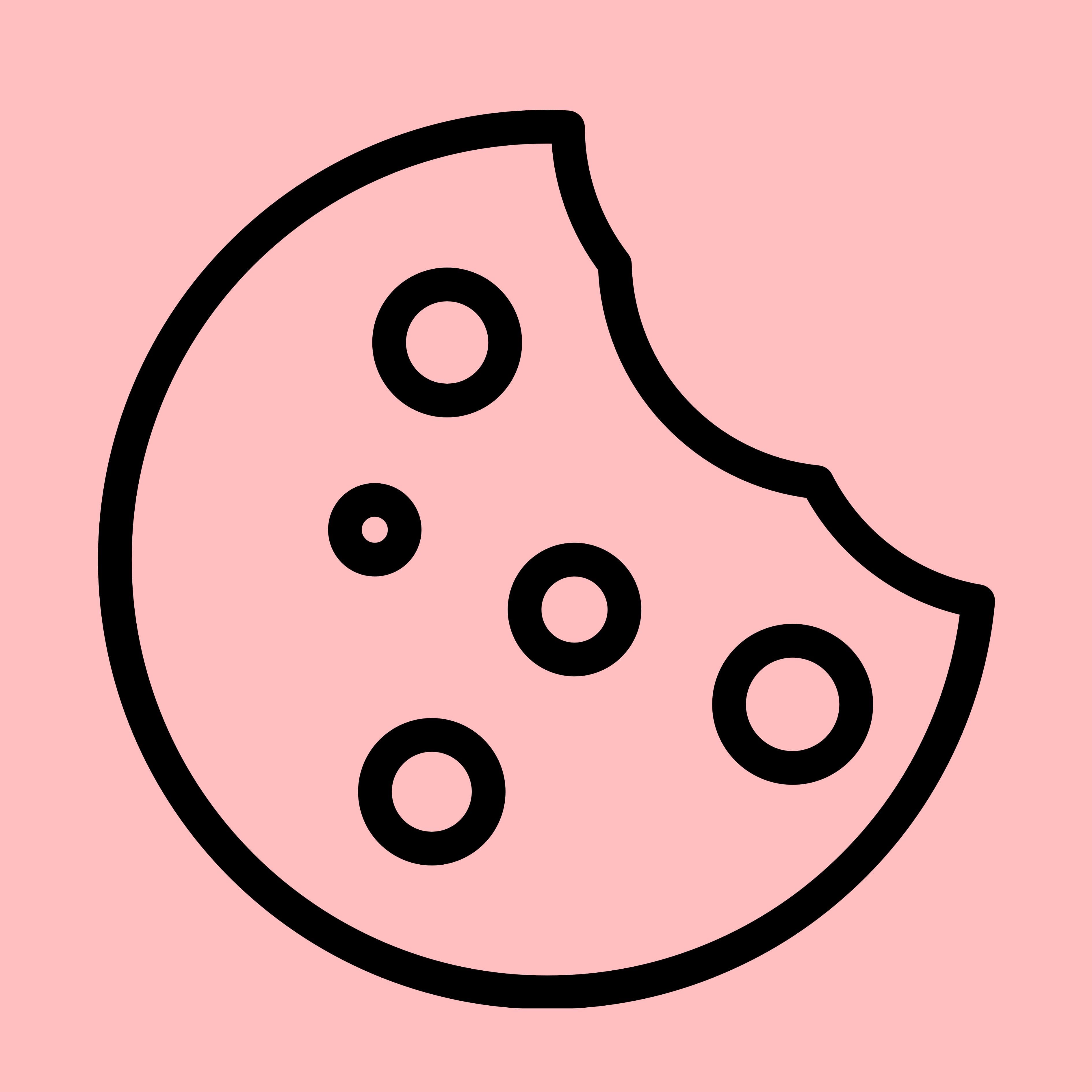 Black line icon of a bitten cookie with chocolate chips on a pink background, symbolizing cookies made with sugar replacement for heeroway page.