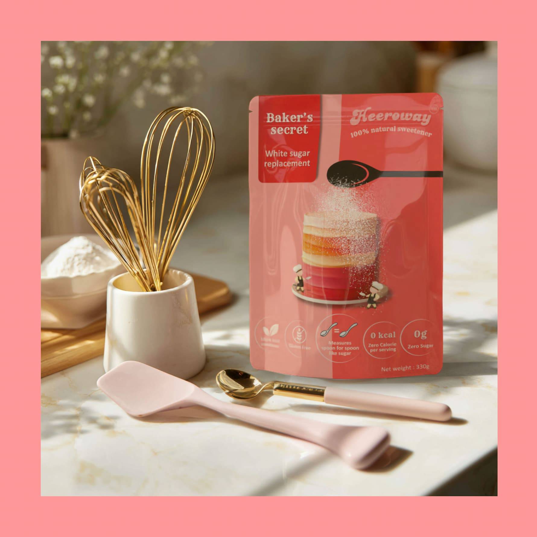 Baker’s Secret white sweetener replacement pouch on a kitchen counter with a whisk, spatula, spoon, and flour bowl in soft sunlight