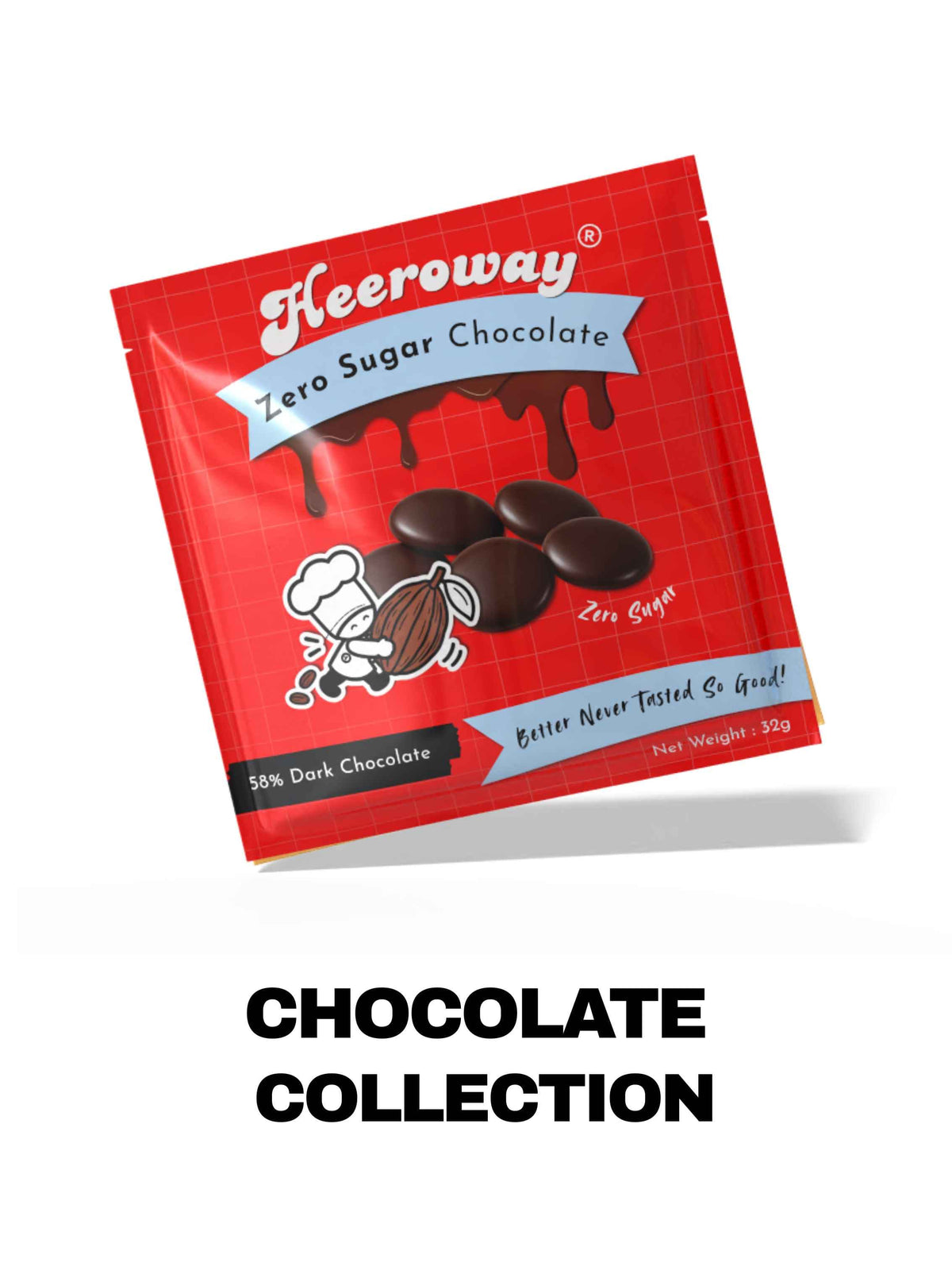 A red packet of Heeroway Zero Sugar Chocolate, displayed at an angle with a drop shadow on a white background, with 'CHOCOLATE COLLECTION' text below.