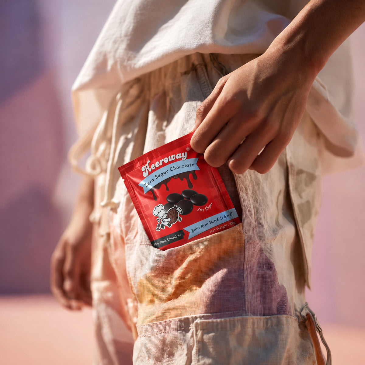 A packet of heeroway sugar free dark chocolate  placed on a glossy pink tiled surface next to a ceramic mug filled with coffee, with warm sunlight and leaf shadows across the scene.
