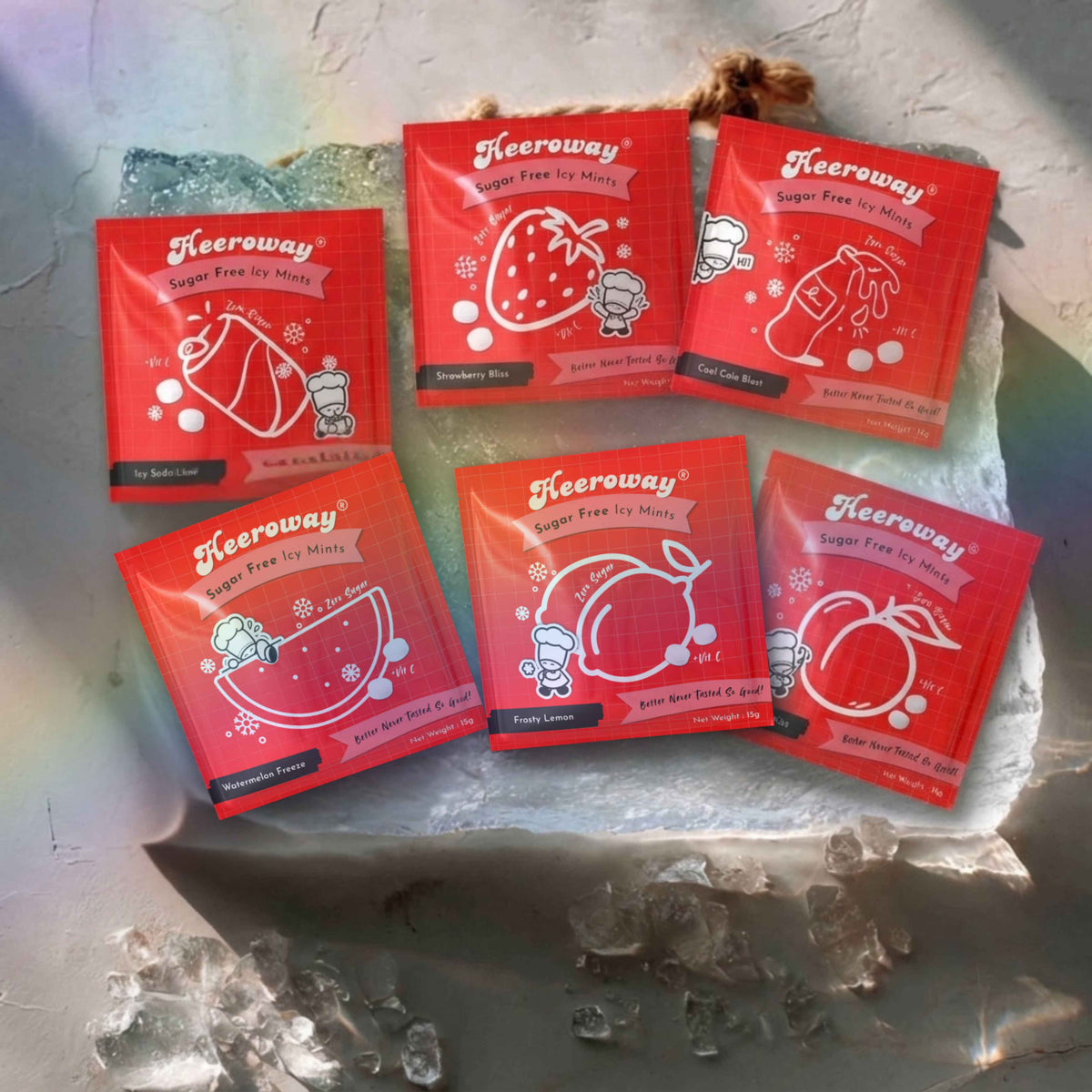 multiple icy mint flavors which include soda lime , strawberry, cola, watermelon, lemon and peach on a ice slab 
