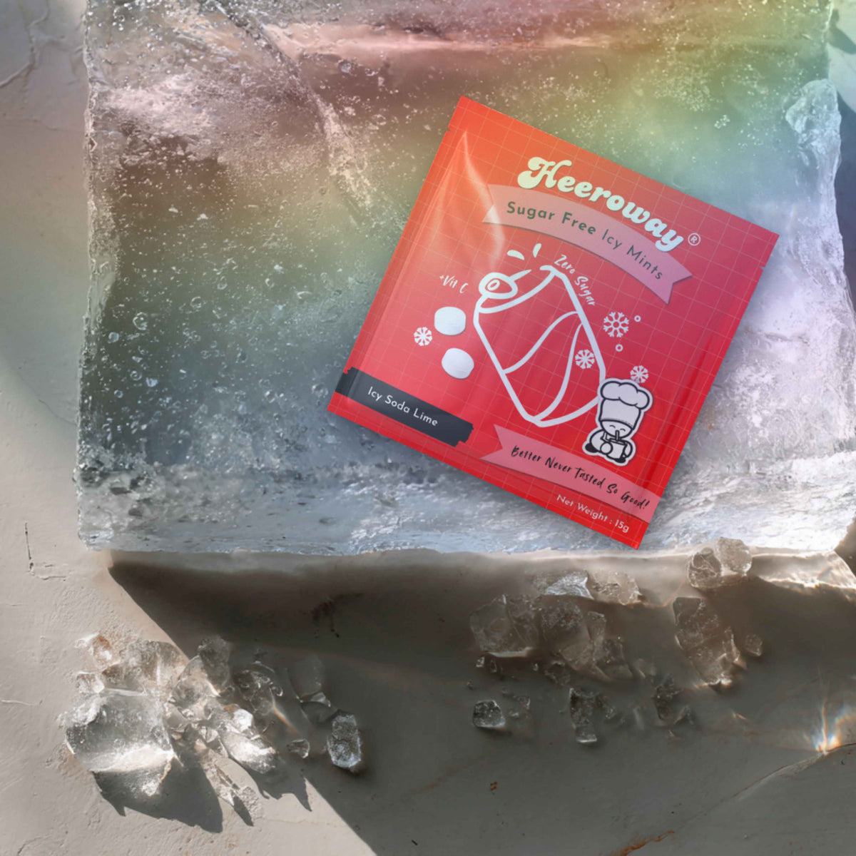 A packet of Heeroway Sugar Free Soda Lime icy Mints placed on a block of ice with scattered ice crystals around it.