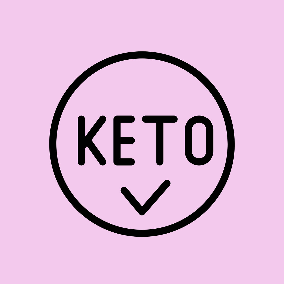 A minimalist black circular icon with the word 'KETO' and a checkmark on a solid light pink background for chocolate collection template.