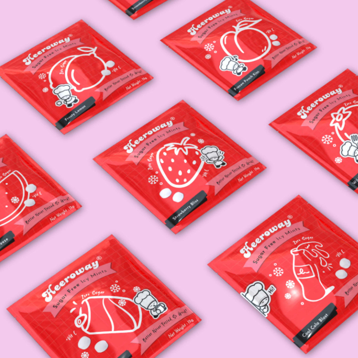 multiple red packaging of Heeroway icy mint with different flavor lay diagonally on a light purple surface