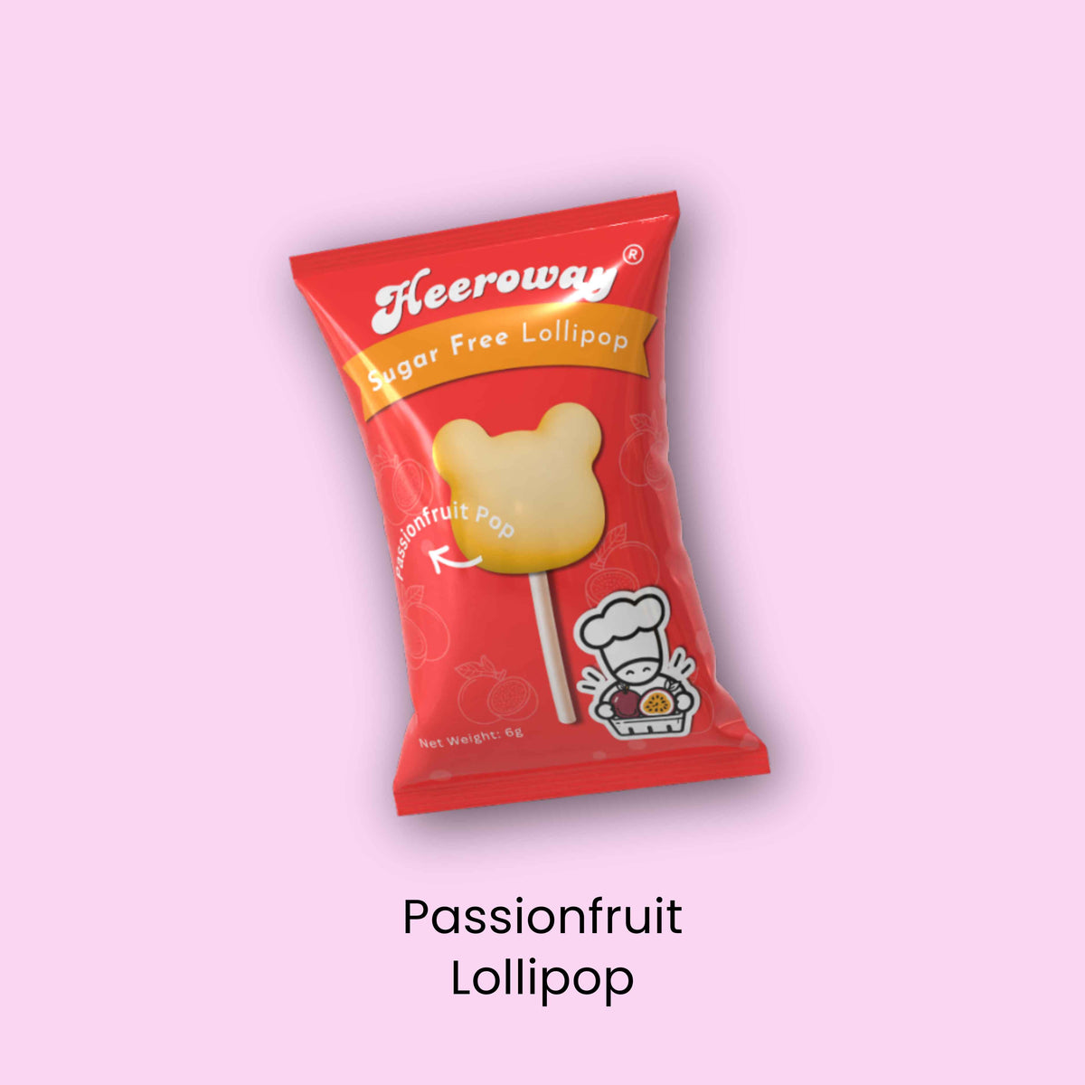heeroway passionfruit lollipop pillow packaging in light purple background 